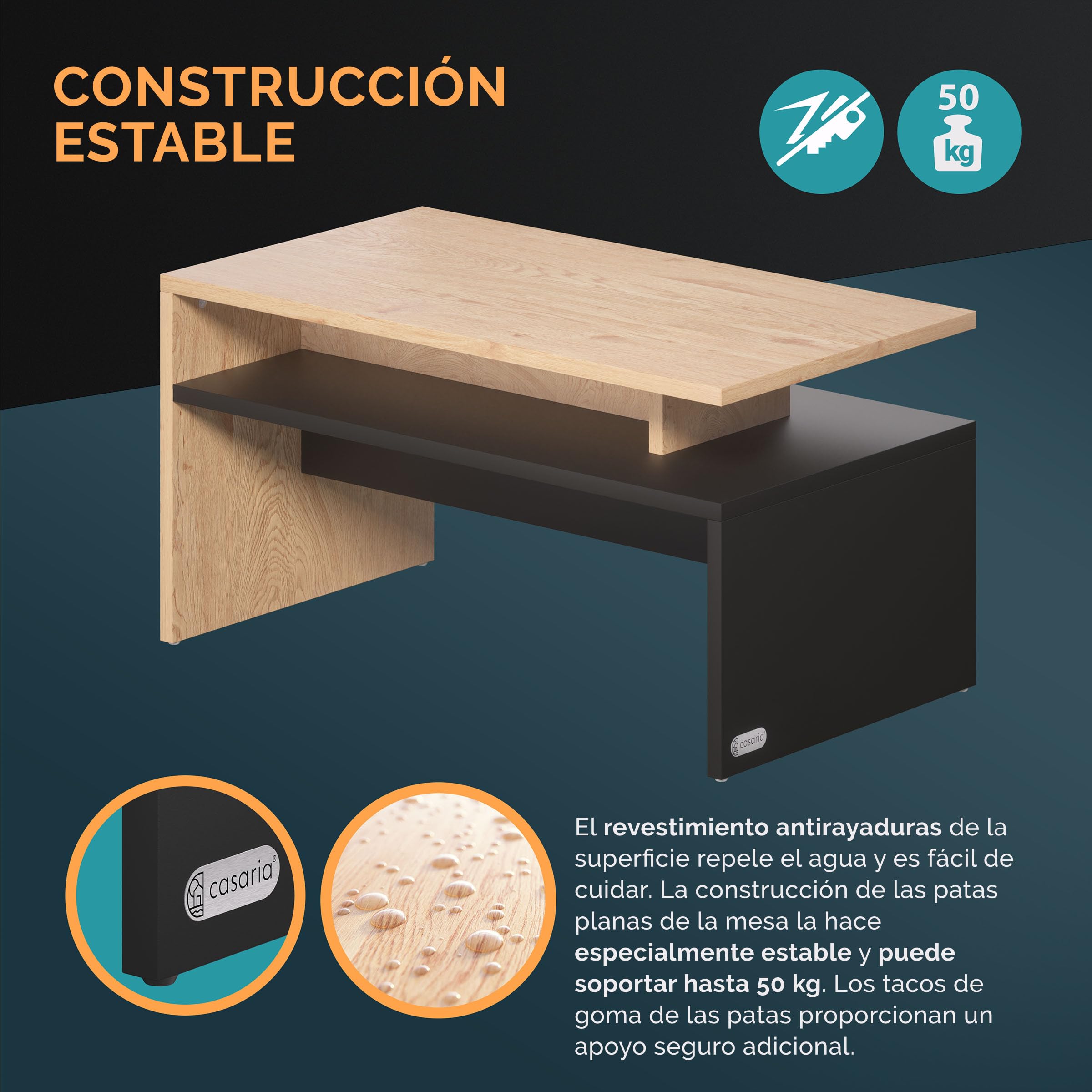 CASARIA® Mesa de Centro Sacramento 95x55x50cm Mesita Auxiliar Carga hasta 50kg Mueble de Salón Gris Madera