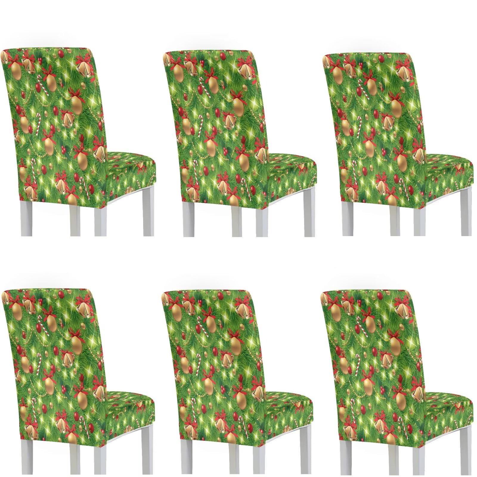 Juego de 6 fundas para sillas de comedor, decoración navideña, campanas verdes, decoración navideña, ajuste universal, fundas para sillas de comedor con dobladillo elástico, protector de