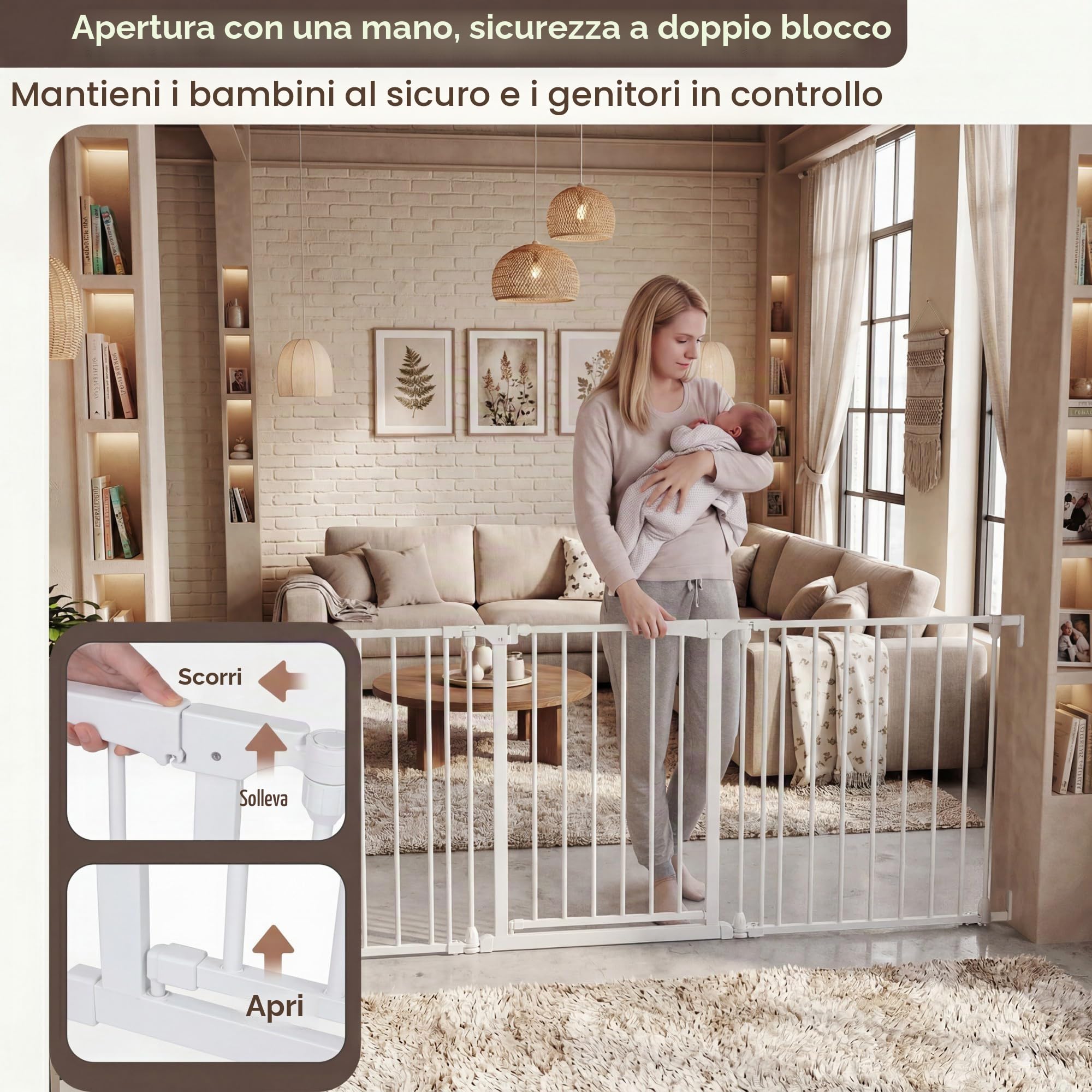 LIFEZEAL Cancelletto per Bambini 74,5-198 cm, Cancelletto per Cani Pieghevole a 3 Pannelli, Porta Bidirezionale a 180°, Doppia Chiusura, Barriera per Scale, Porta (Bianco)