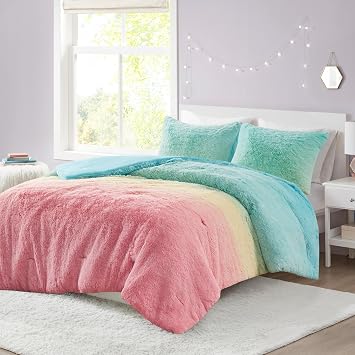 Intelligent Design Soft Faux Fur Comforter Set for Girls Bedroom Decor, Trendy Vibrant Ombre Color, Down Alternative, Warm, Cozy Fluffy Bedding with Matching Sham, Full/Queen Aqua Multi 3 Piece