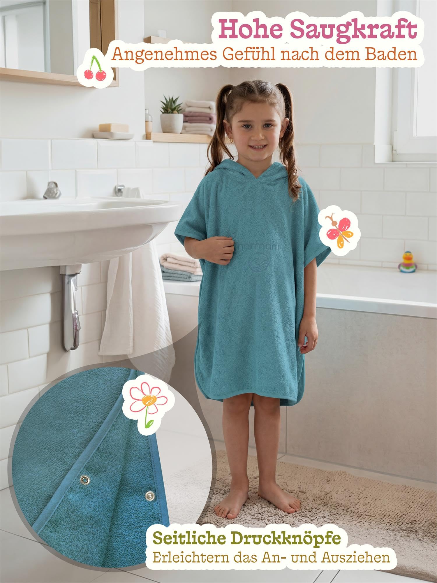 normani Kinder-Badeponcho Strandponcho - Handtuch-Poncho aus 100% natürlicher Bio-Baumwolle Handtuch Cape Badetuch mit Kapuze für Jungen und Mädchen 2-13 Jahre