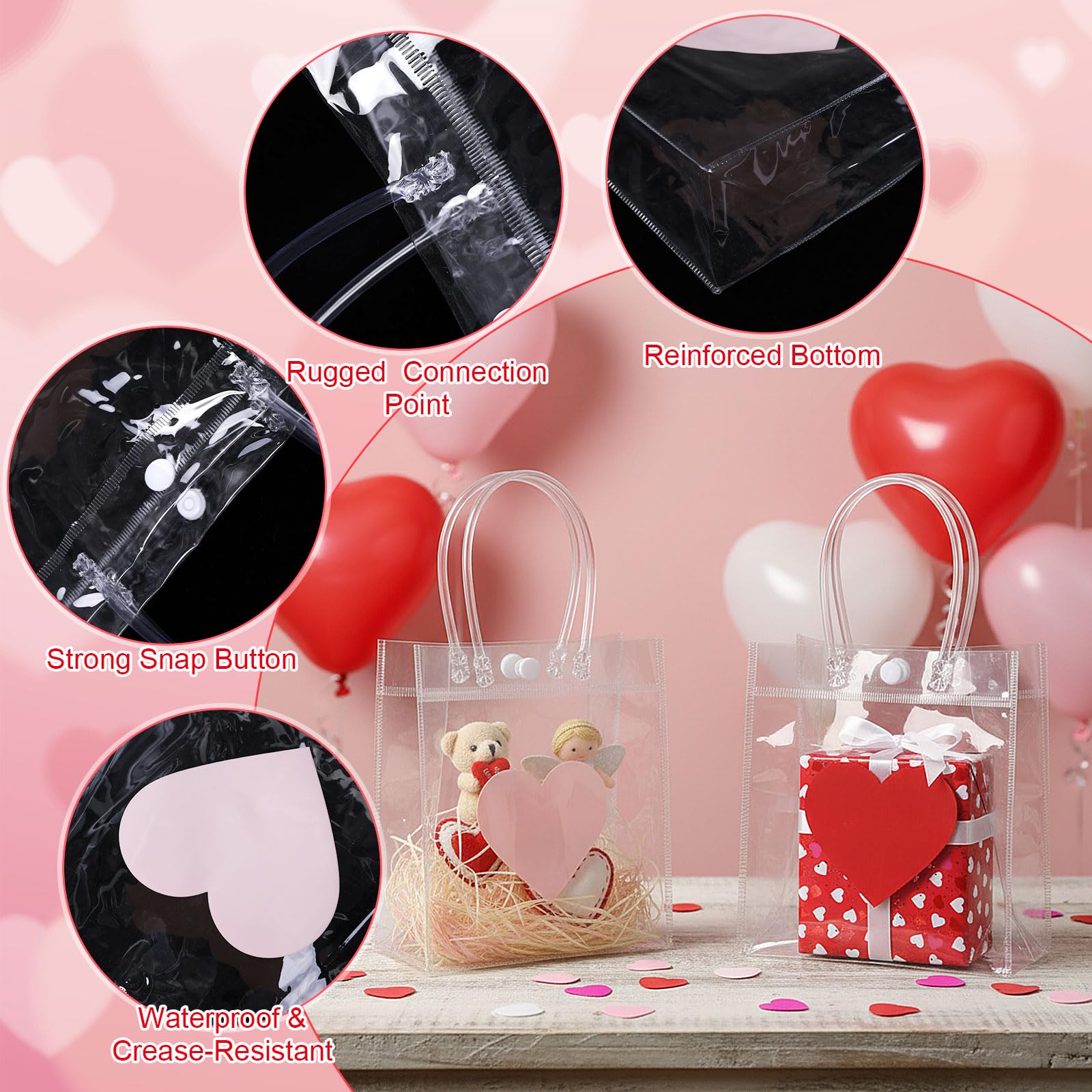 Aliceset 24 Pcs Heart Gift Bags Bulk Clear PVC Gift Bags with Handles Heart Pattern Reusable Transparent Tote for Party Favors Candy Treat for Women Mother`s Day (Love, 6.31"x 5.91"x 3.15")