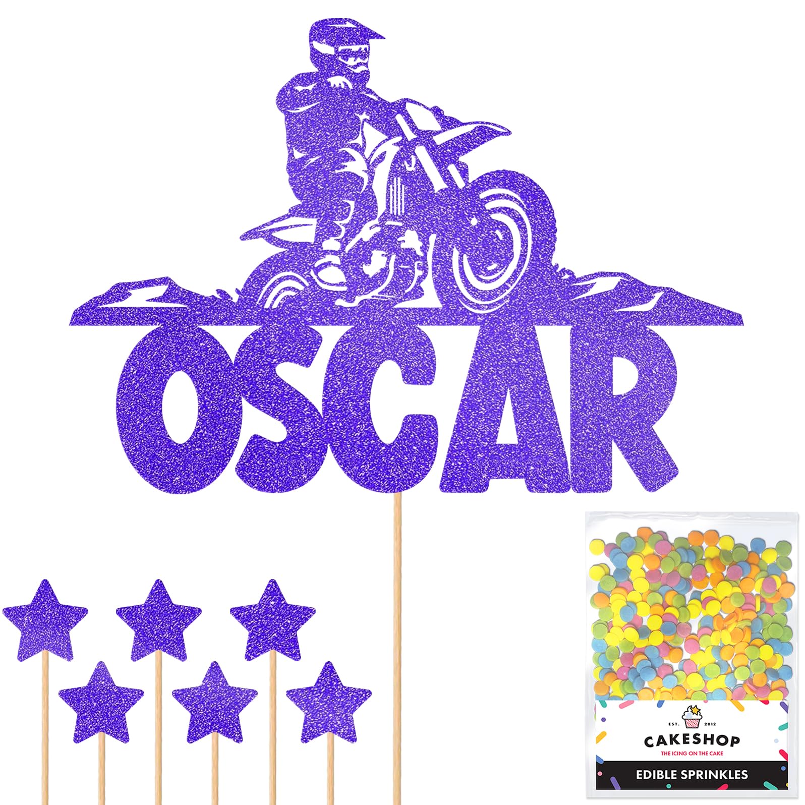 Personalised Dirt Bike Motorbike Racing Glitter Cake Topper - Bright Blue Custom Name Glitter Cake Decoration and Sprinkles - Happy Birthday Decorations - Personalised Toppers for Cakes by Cakeshop — image 1