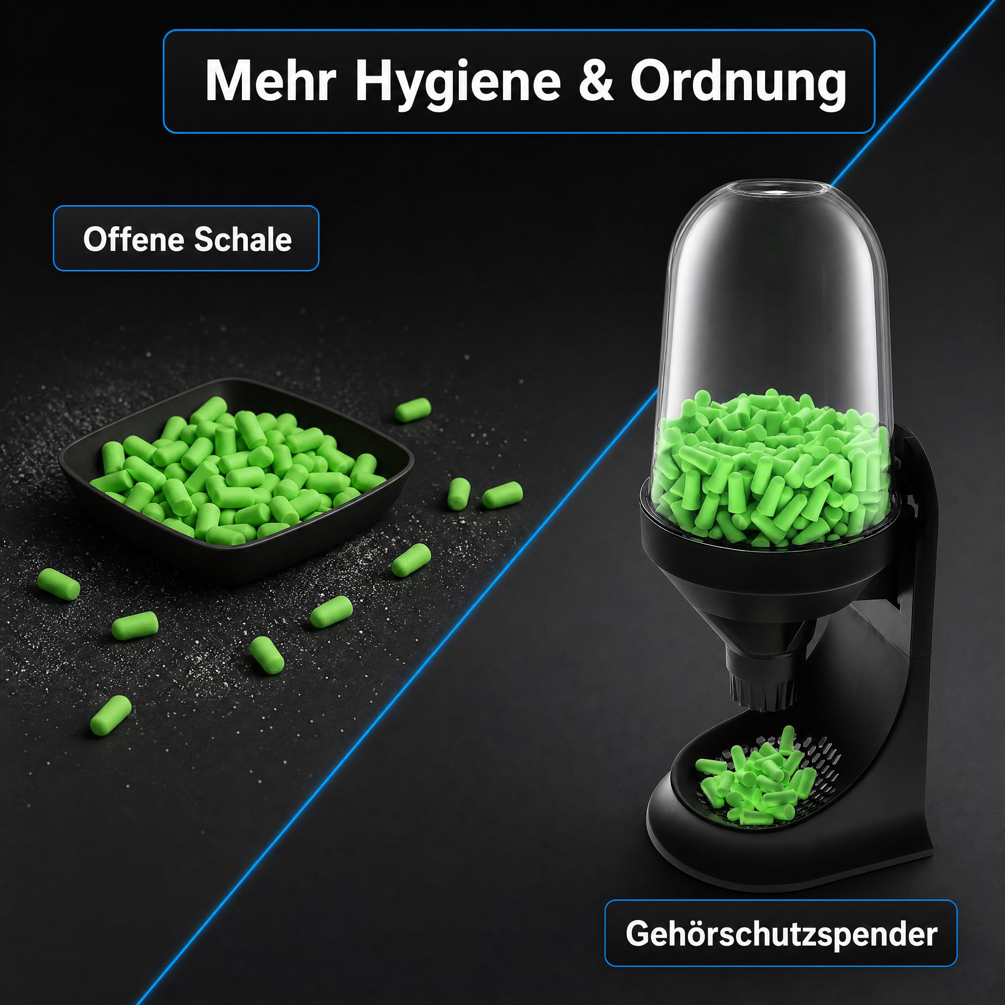 PRO FIT 171 Gehörschutzspender – Station für Ohrstöpsel, Behälter für In-Ear Stöpsel, Aufbewahrung, Wand- & Tischmontage - Füllmenge 300 Stk., Schwarz