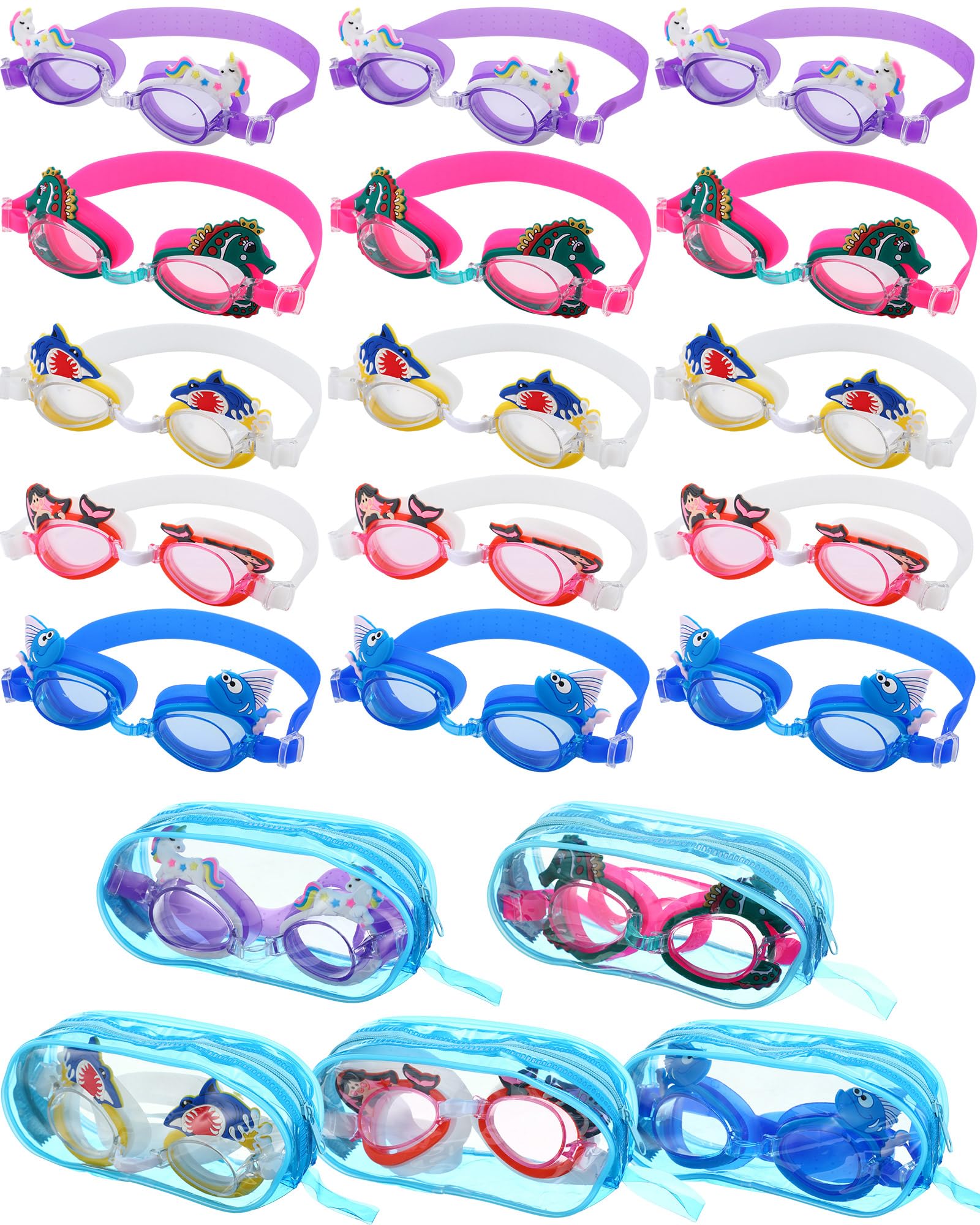 Relaxweex 15 Pairs Kids Swim Goggles Toddler Swimming Eyewear Anti Fog Anti-UV Pool Goggles with Cases Cute Shark Mermaid Fish for Boys Girls Age 3-9, 5 Styles