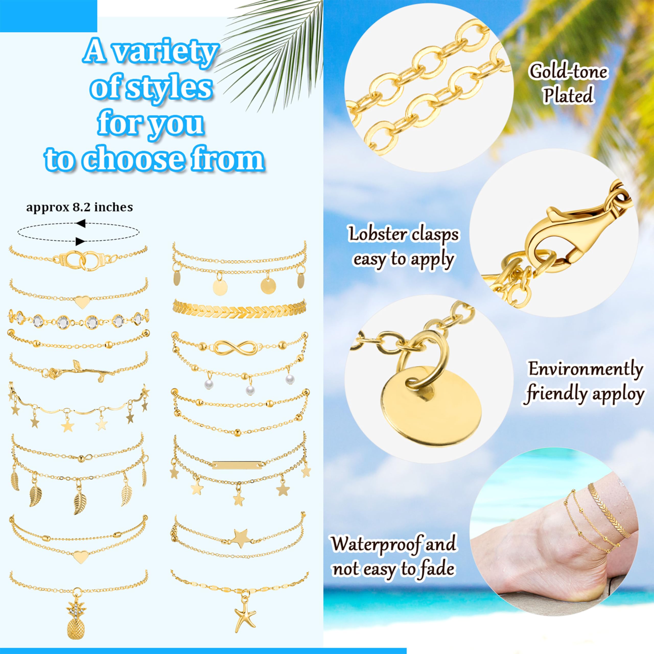 Juego de tobilleras de 16 piezas de 14 quilates para mujer, tobilleras de playa bohemias, cadenas de pie, joyería de mano ajustable, regalo romántico, aleación, No es una piedra preciosa 2