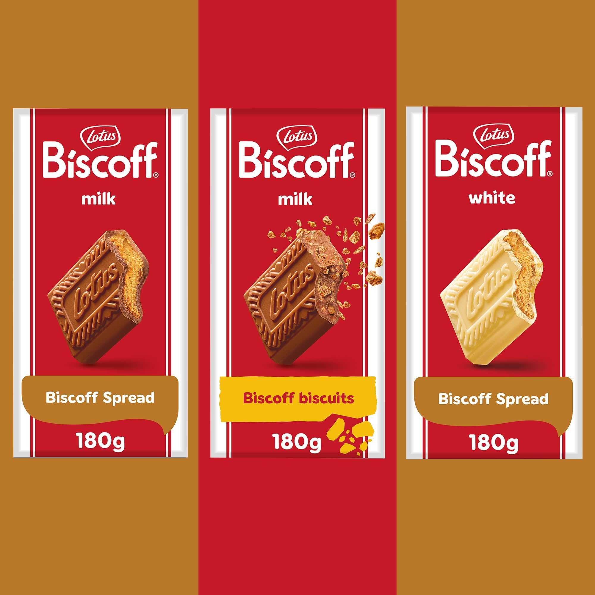 Lotus Biscoff Chocolate Bar 3 x 180g - Milk Biscoff Spread, Milk Biscoff Biscuit, White Biscoff Spread. Biscoff Bar 2 x Milk Chocolate and 1 x White Chocolate.