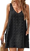 Blooming Jelly Women's Swiss Polka Dot V-Neck Sleeveless Beach Cover Up Dress with Pockets - Casual Summer Tank