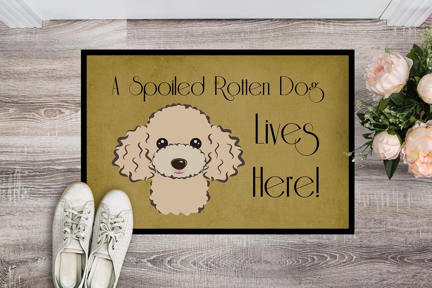 Caroline's Treasures BB1506JMAT Buff Poodle Spoiled Dog Lives Here Doormat 24x36 Front Door Mat Indoor Outdoor Rugs for Entryway, Non Slip Washable Low Pile, 24H X 36W