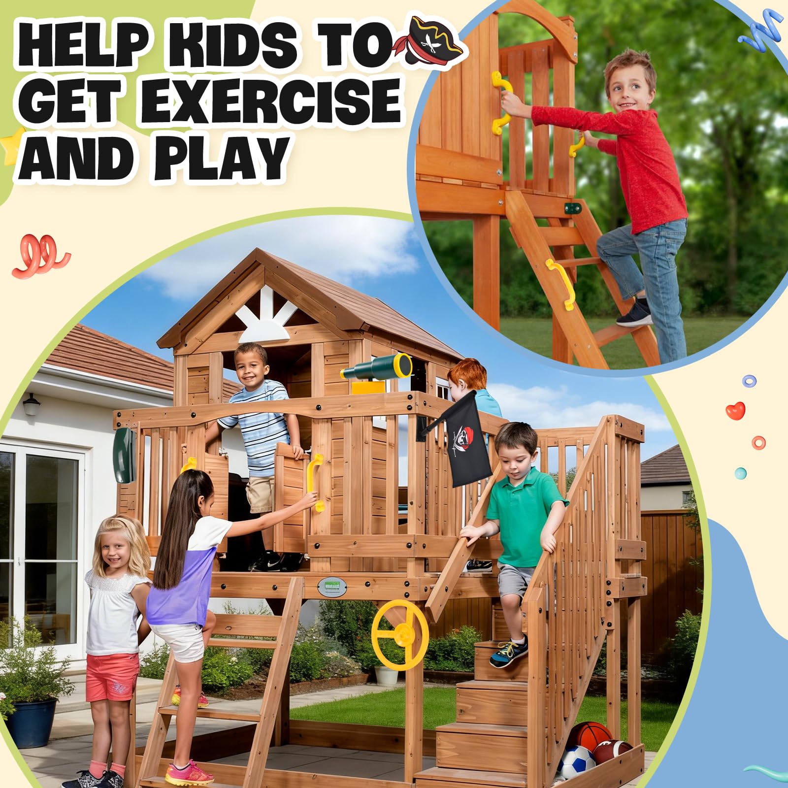 Set di Accessori per Torre di Gioco, Maniglie di Sicurezza per Parco Giochi con Volante,Telescopio e Telefono Giocattolo, Maniglie per Torre Giochi per Altalene, Parco Giochi, Alberi