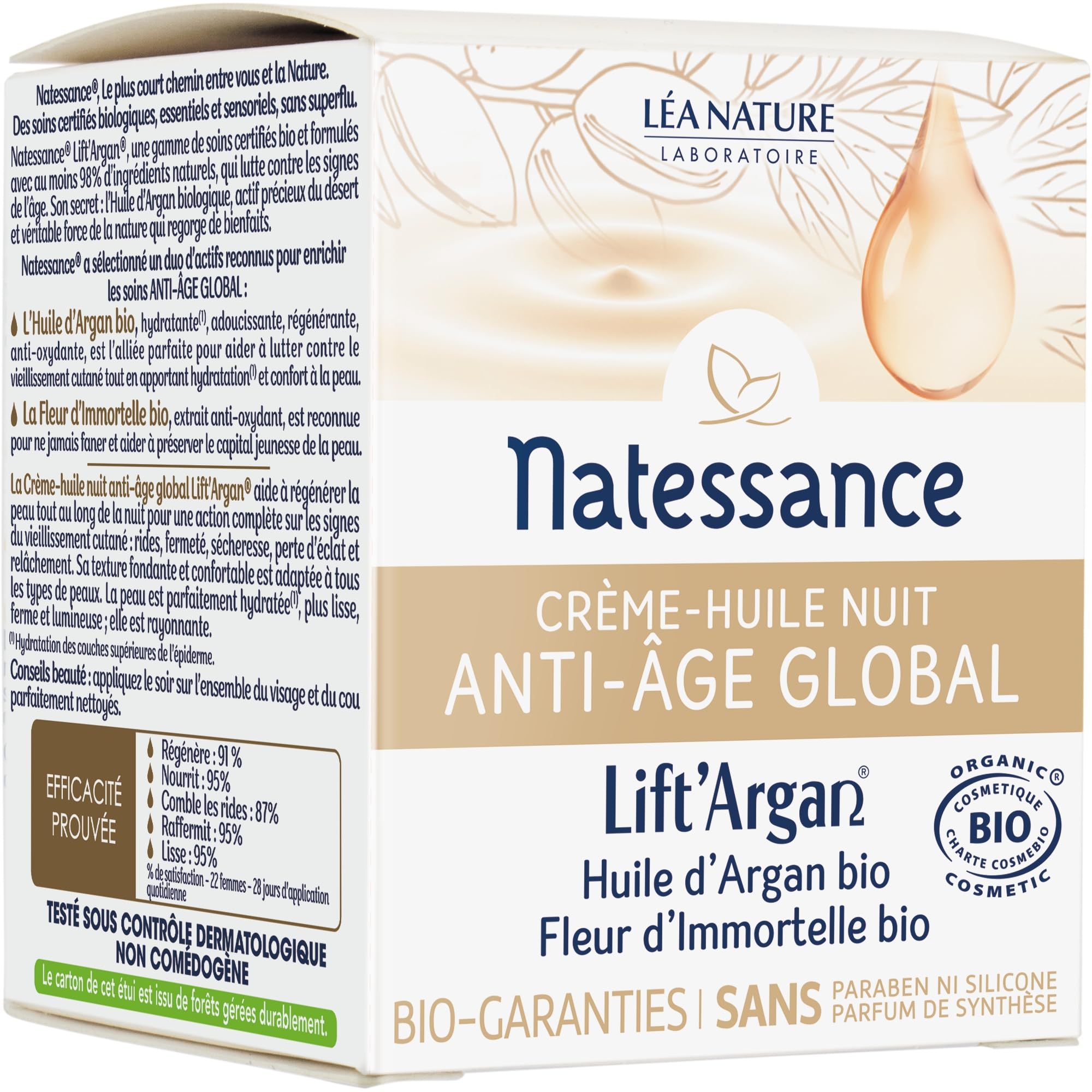 Natessance | Crème-Huile Nuit Anti-Âge Global – Lift’Argan | Lutte contre le vieillissement cutané : rides, fermeté, éclat | Tous types de peaux | 98% d’origine naturelle| Certifié Bio |50 ml