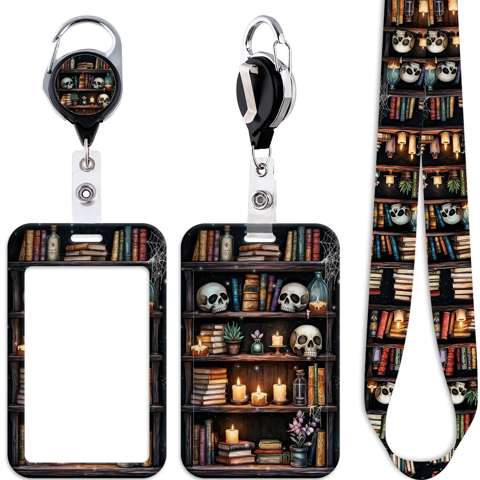 Skull Bookshelf ID Lanyard Card Holder & Retractable Badge Reel Clip Goth Retractable Badge Holder Reel Cool Neck Lanyard for Keys for Men Women Kids Girls Boys Teachers for Work School ID, Halloween — image 1
