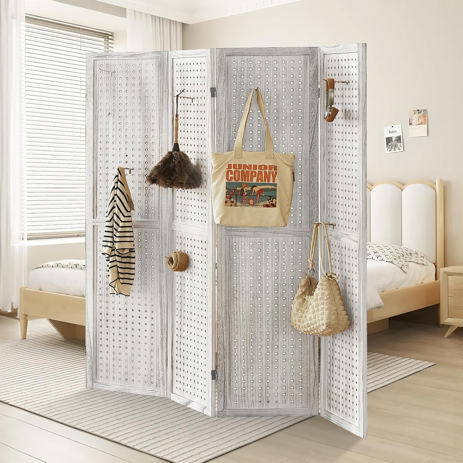 4 Panel Pegboard Display with 16 Hooks, Wooden Room Divider Wall and Folding Privacy Screens, Partition Room dividers, Pegboard Room Divider, Jewelry Store, Retail Store, Bedroom, White