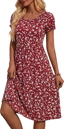 HUHOT Women Summer Floral Midi Sundress with Puff Sleeves Sretchy Crew Neck with Pockets 2026