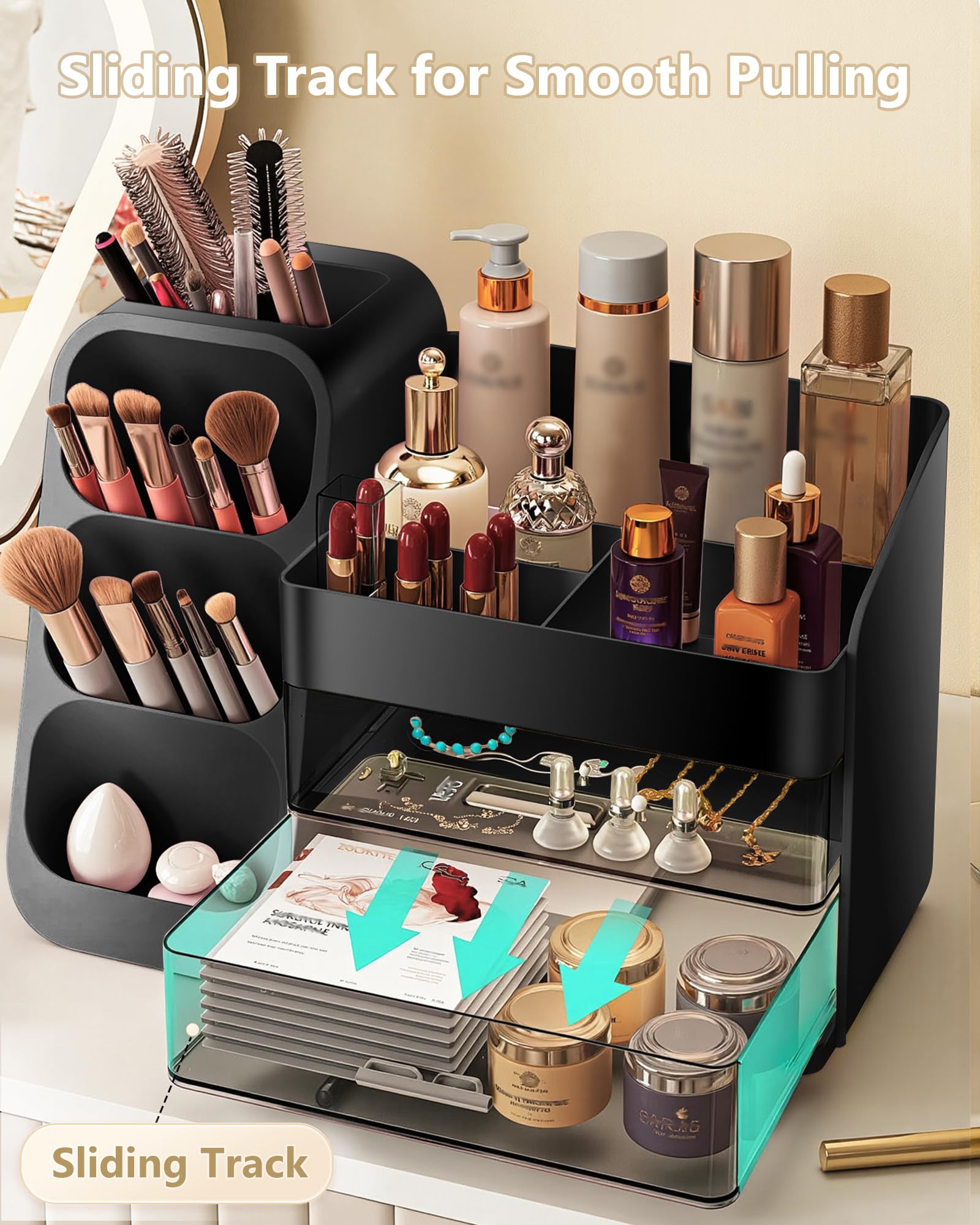Anylady Makeup Organizer with Drawers, Skincare Organizer (Large Size Thick), Storage Box Cosmetic Display Cases, Make up Organizers for Vanity, Dresser, Desk, Kitchen, Countertop (black): Black