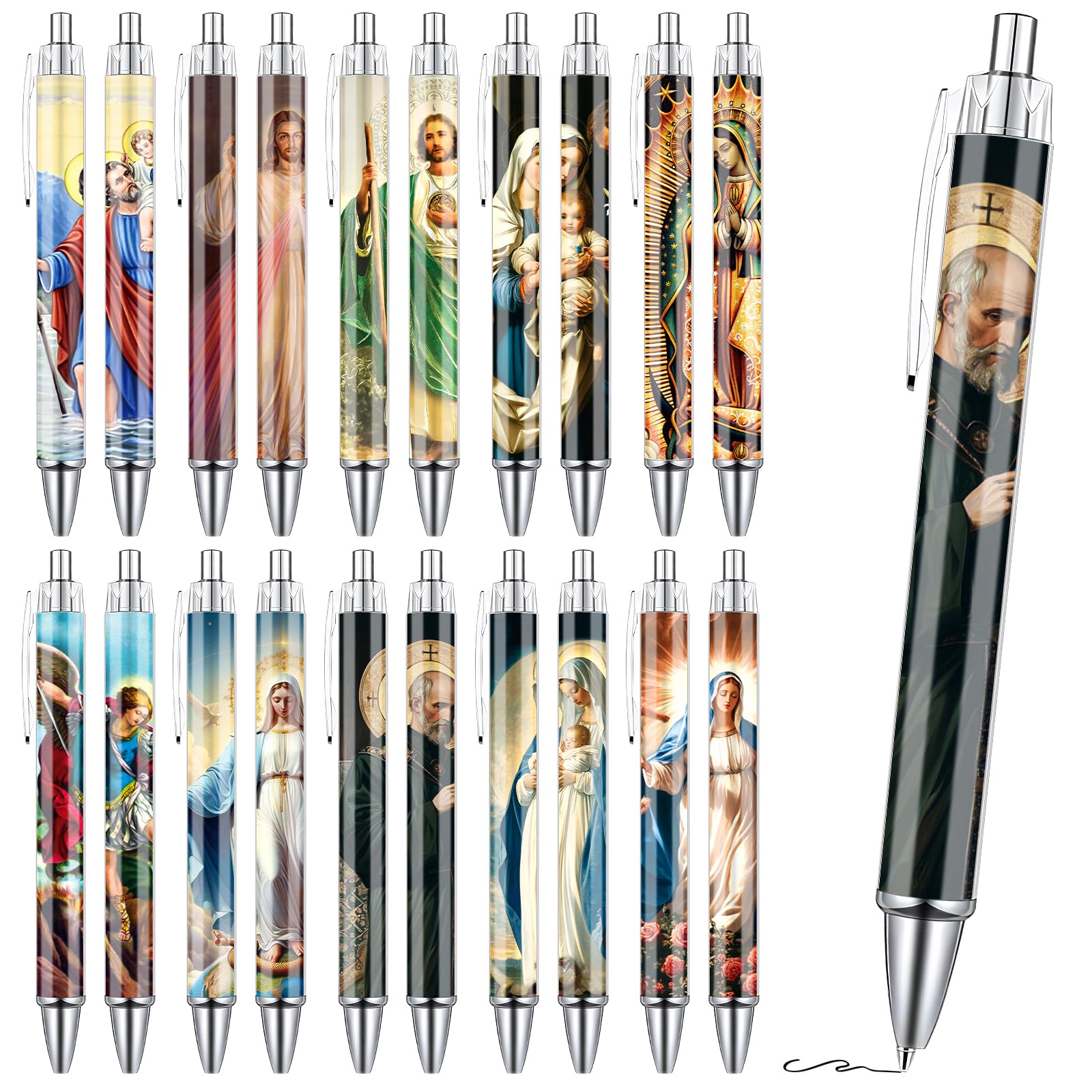 Wxiben Catholic Religious Ballpoint Pens Gifts 20PCS Christian Bible Pens Set with Catholic Saints Smooth Writing Religious Gifts for Women Men