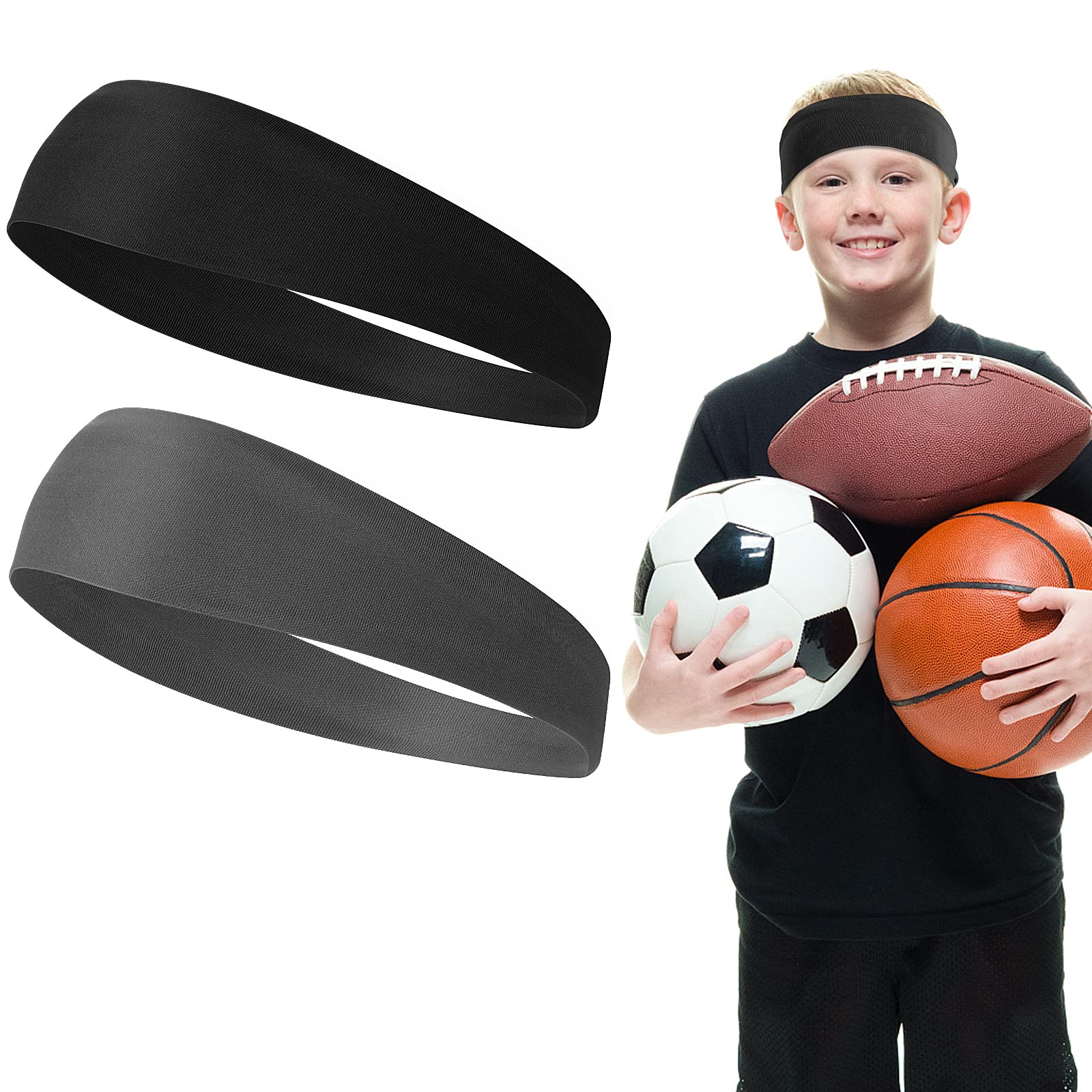 WLLHYF2 Pieces Kids Sports Headbands Soft Athletic Sweatbands Headband for Girls and Boys Moisture Wicking Elastic Hairband for Toddler Children and Teenagers