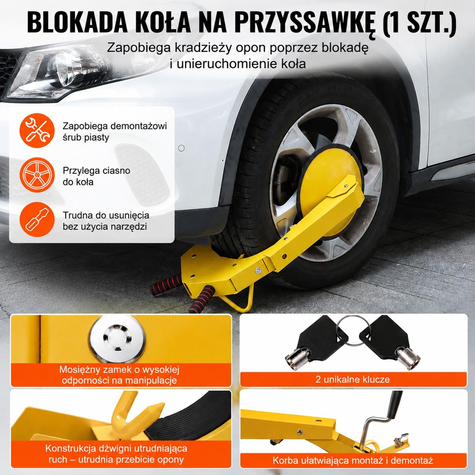 Blokada kola 1 sztuka zolta do samochodu ciezarowki SUV kampera przyczepy lodzi z przyssawka i kluczami