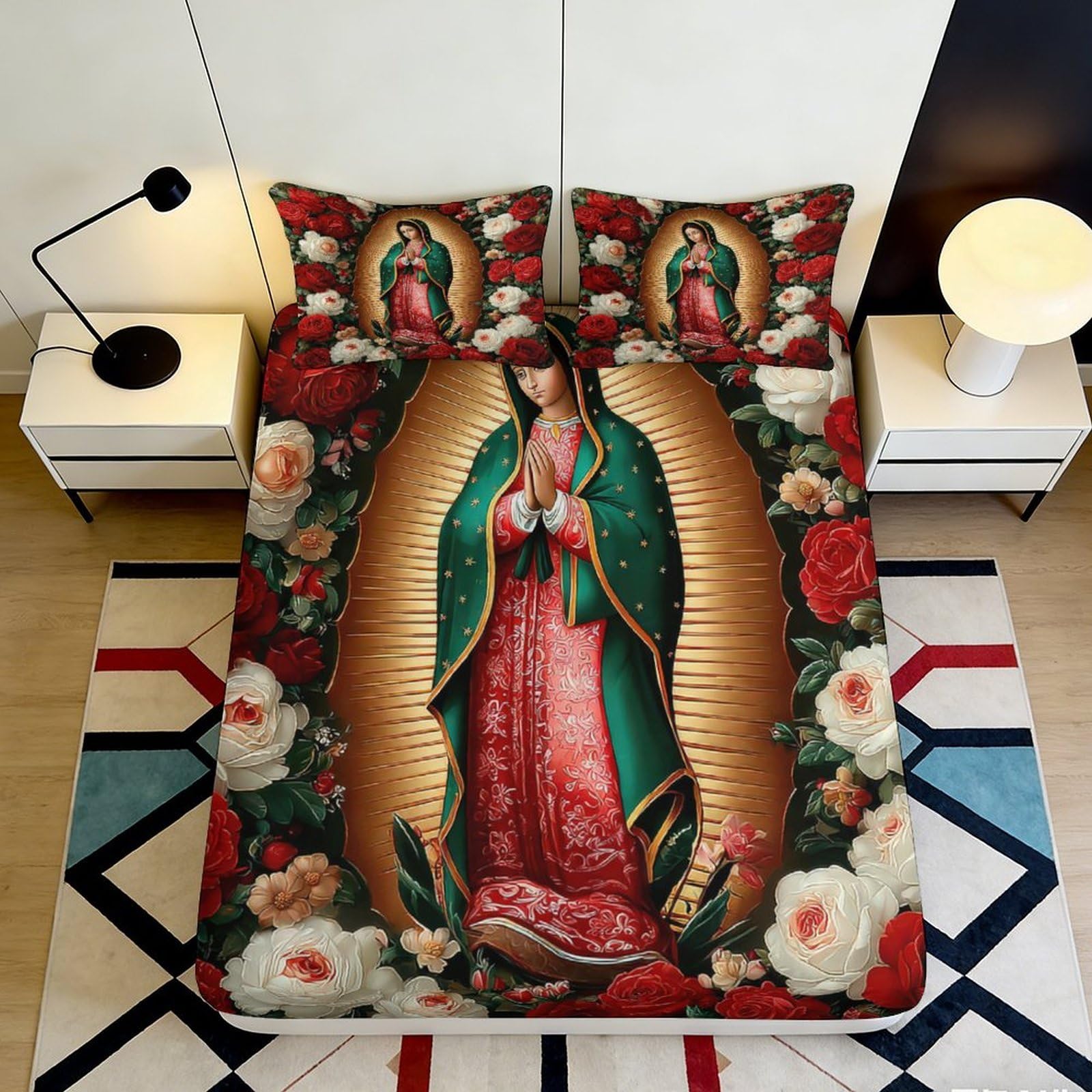 3D Printed Virgin Mary Fitted Sheet Microfiber Floral Bedroom Decor Mattress Cover for Adult Teen Dorm Room 90x200x25cm