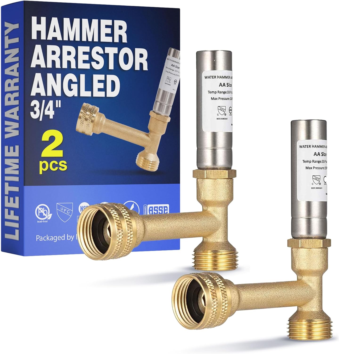 New Age America® 2pcs Angle 3/4" Hammer Arrestors AquaFlow 360™ | Washing Machine Water Hammer Arrestor | 3/4" Male GHT & 3/4" Swivel Female GHT | 304 Stainless Steel & Lead-Free Brass