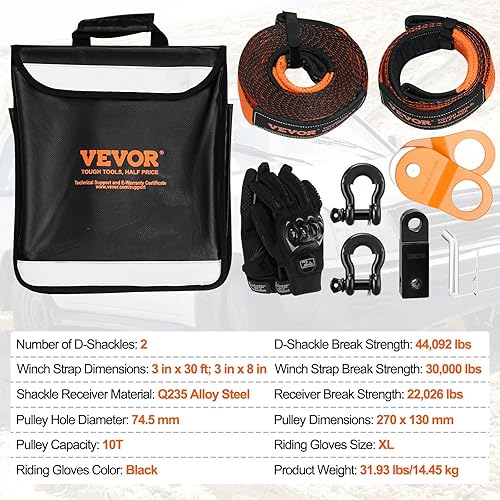 Miniatura 7 de VEVOR Kit de recuperación todoterreno, correas de remolque de 3 pulgadas x 30 pies, resistentes con ganchos, kit de correa de cabrestante de 30,000