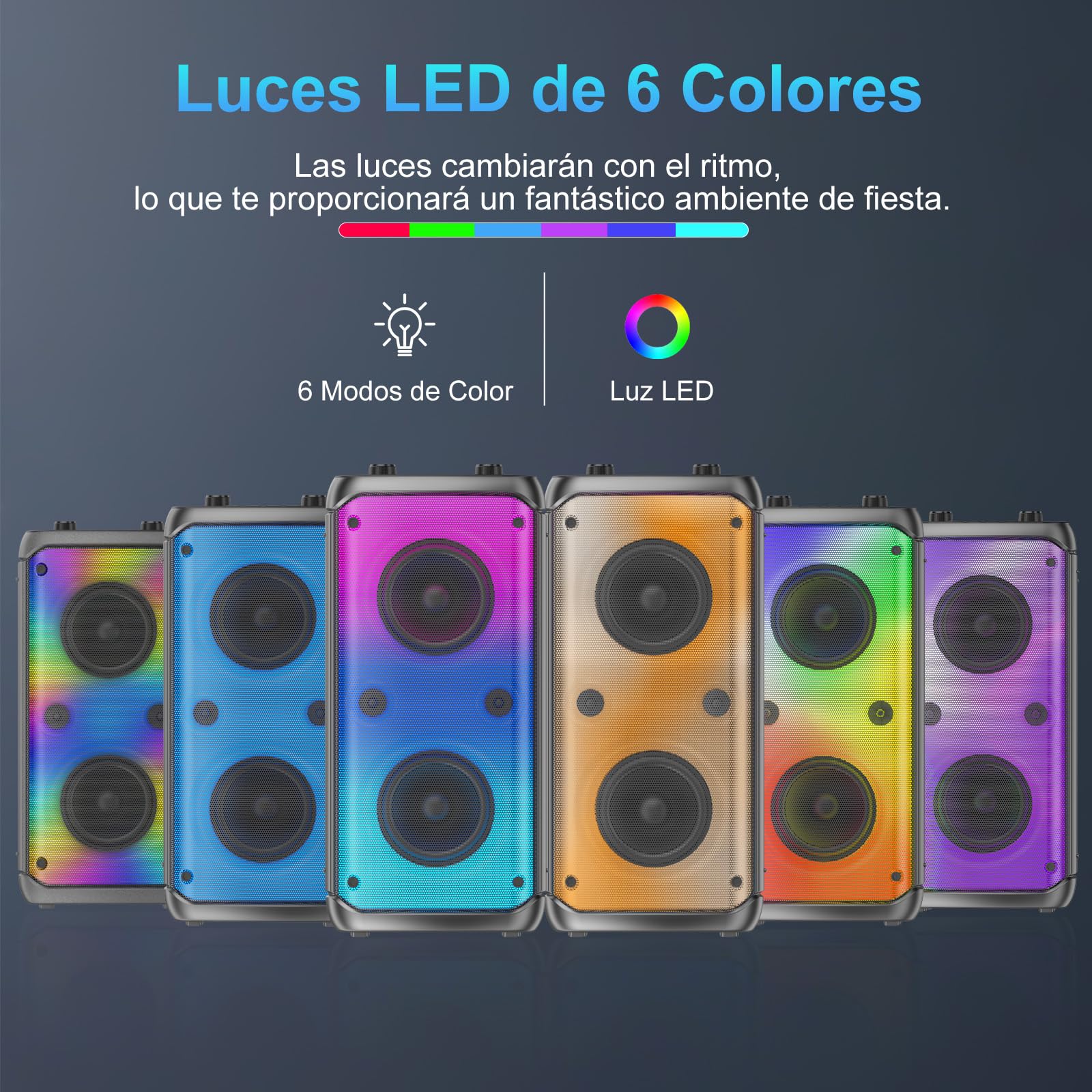 Altavoz Bluetooth, altavoces para exteriores con potencia máxima de 80 W, Bluetooth inalámbrico, altavoces portátiles TWS para fiestas con subwoofer, graves profundos, luces LED de colores (Negro) — view 6
