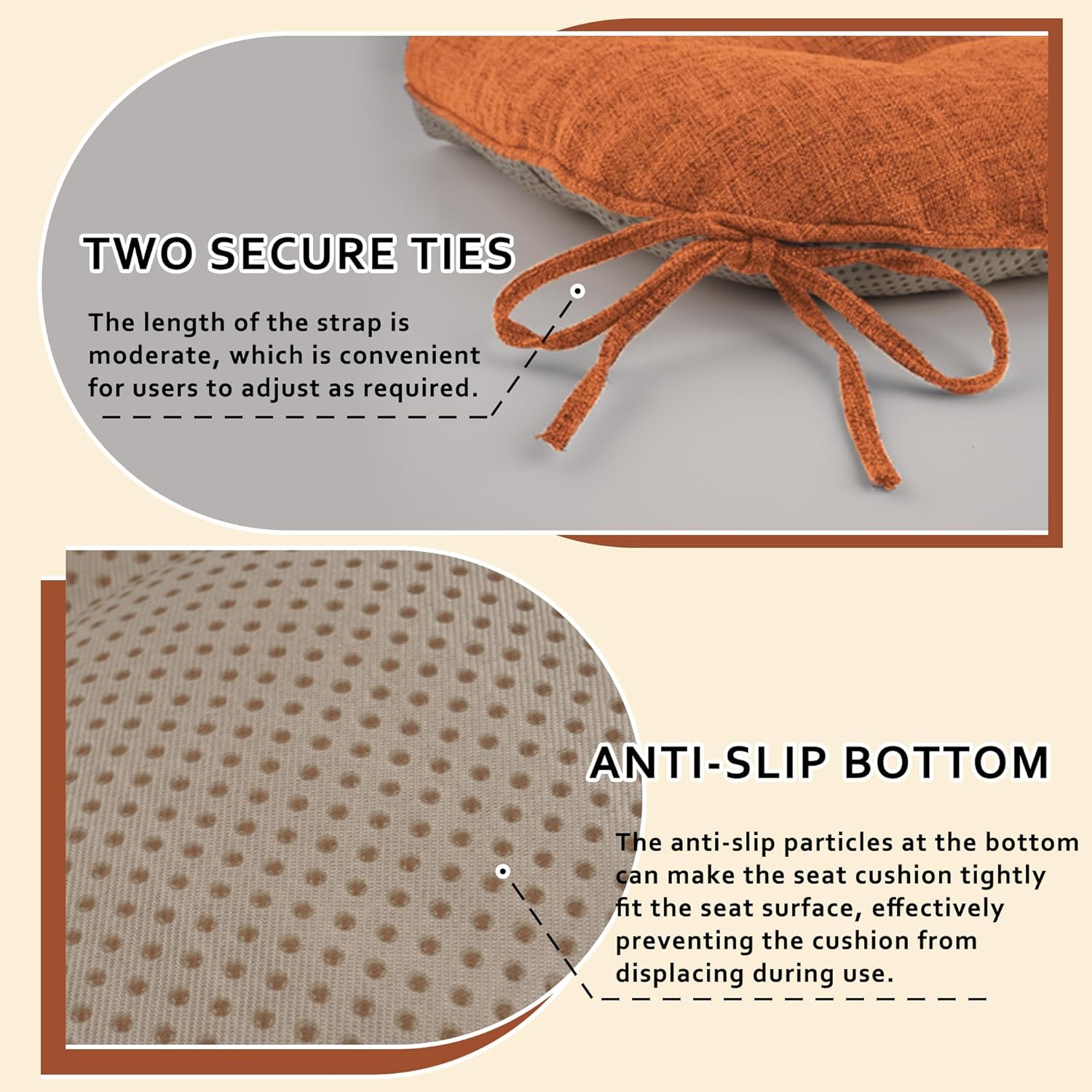 ELFJOY Chair Cushions for Dining Chairs 18" x 18" x 3" Kitchen Chair Cushions Set of 4 Tufted Chair Pads with Ties and Non-Slip Backing Comfortable Seat Cushion for Indoor Dining Room, Orange