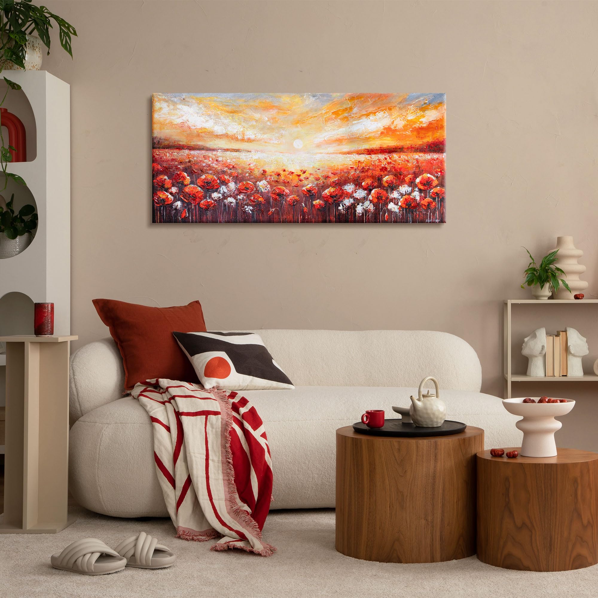 YS-Art Quadro Paesaggio Campo di Papaveri al Tramonto – Dipinto Panoramico su Tela per Soggiorno o Ufficio 115x50 cm