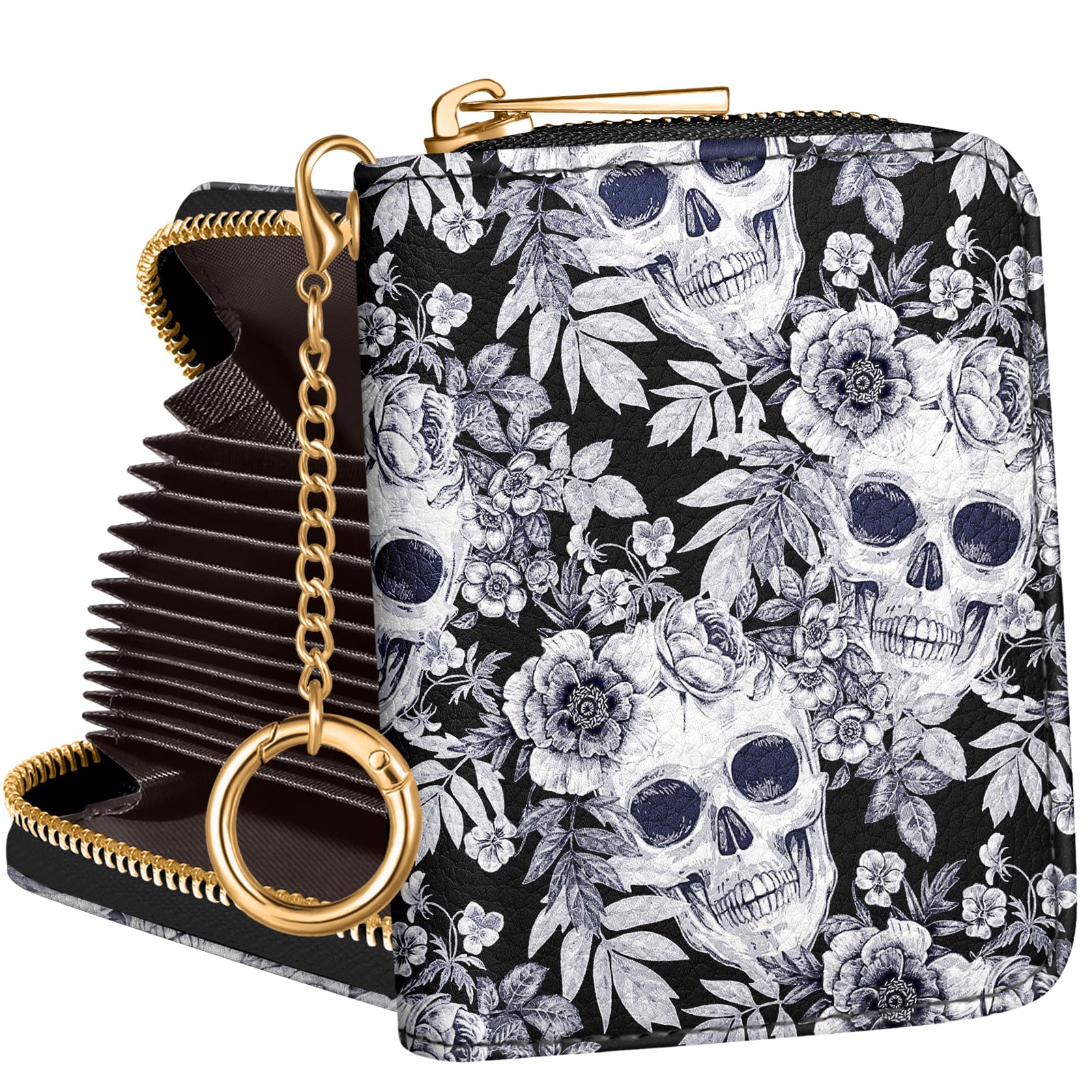 BistupCredit Card Holder for Women Cute Small for Ladies Teen Girls Female Rfid Leather Cardholder Wallets with Keychain Accordion Organizer Purse Skull and Flower Girly Aesthetic Print Unique Zipper