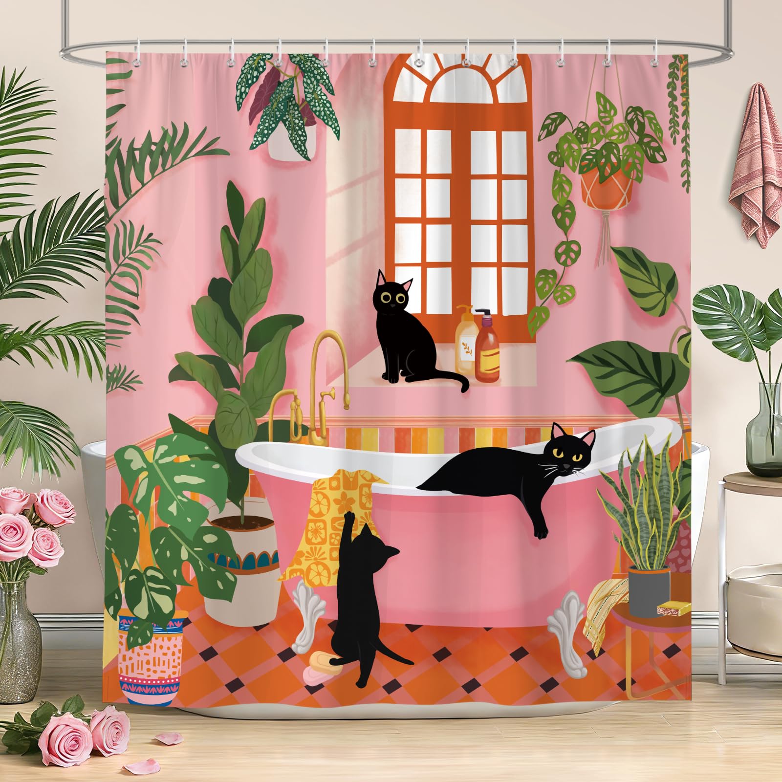 Boho Tenda da Doccia Gatto Nero 180x200 cm Vintage Carino Rosa Bagno Piante Verdi Tropicali Poliestere Impermeabile Tenda Vasca da Bagno con 12 Ganci Lavabile in Lavatrice per Casa Hotel