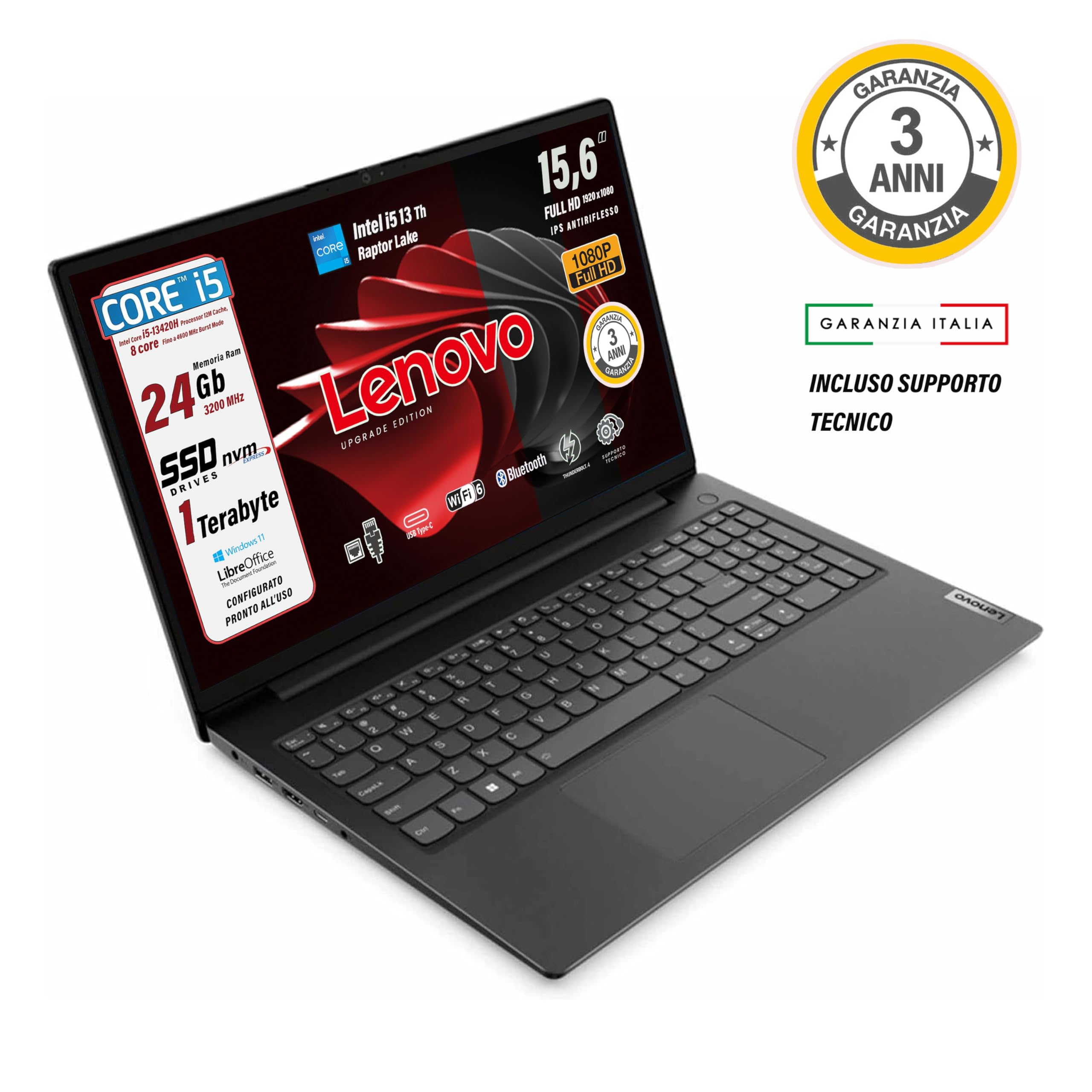 Lenovo, pc portatile Notebook, i5 13420H 13th, Raptor Lake, memoria Ram 24Gb, Display IPS FHD 15,6", SSD 1Terabyte, Wi-Fi6, Bt, USB Thunderbolt, Win11, Pronto all'Uso, Garanzia Italia 3 Anni