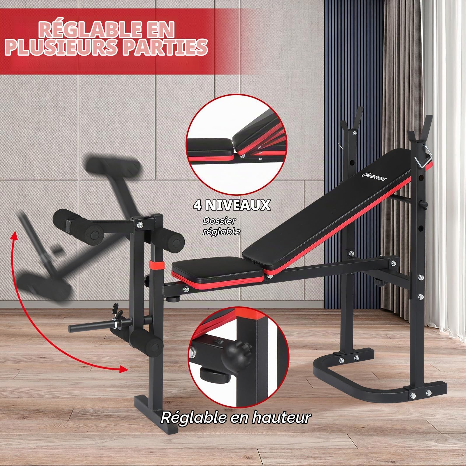 LEADZM Pliable Banc de Musculation Réglable avec Support pour Haltères, Dossier/Siège Réglable sur Trois Positions, Adapté à un Entraînement Complet, Capacité de Charge 200 kg