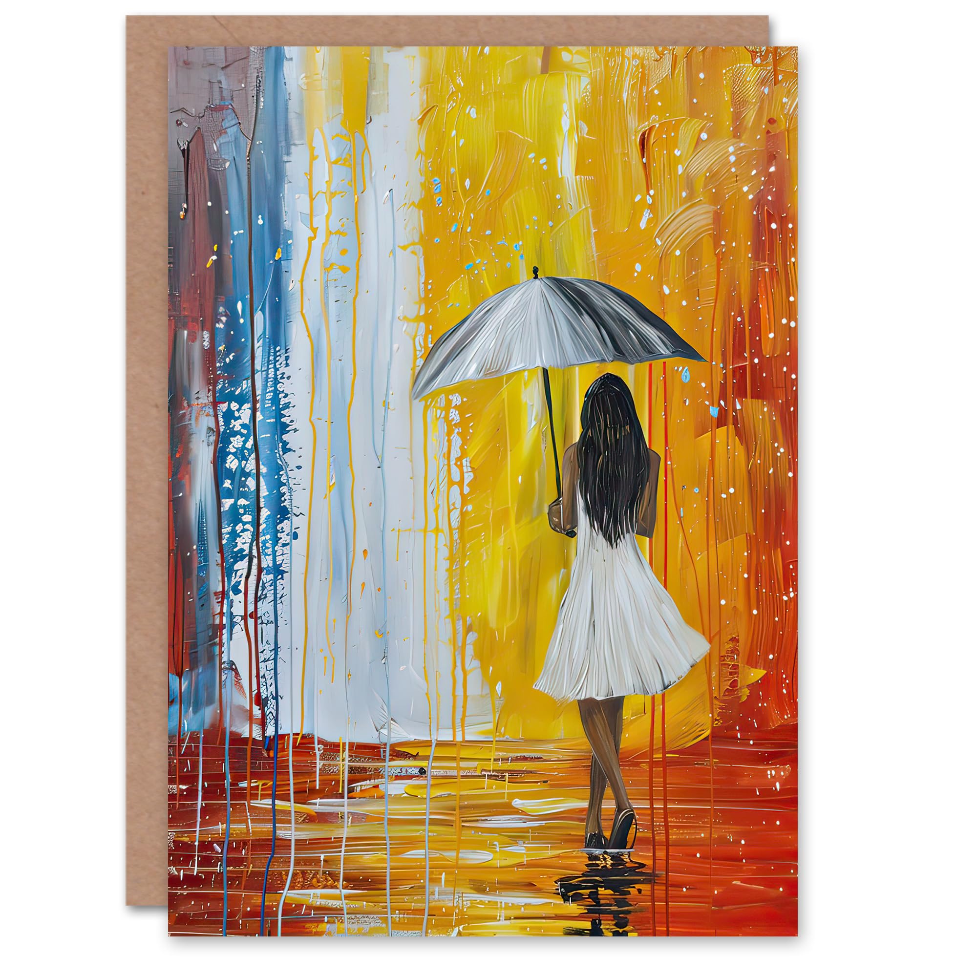 Artery8 Greeting Card Woman with Umbrella in Rainbow Rain Modern Art For Her Woman Birthday Card