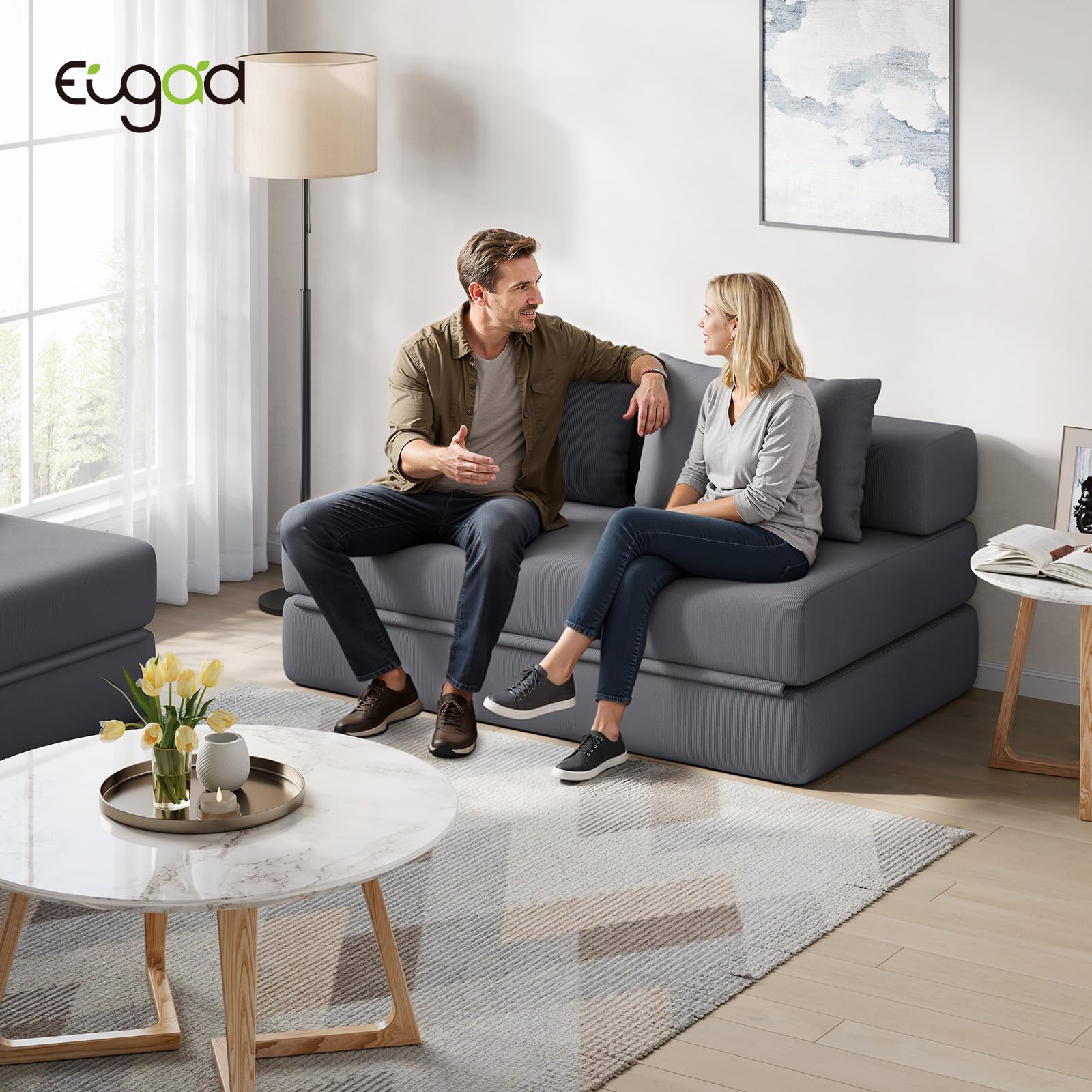 EUGAD Canapé Convertible 2 Places, Canapé Lit, Chauffeuse, Gris Foncé | Design Pliable, avec 2 Coussins, en Velours Côtelé, Mousse, pour Salon, Bureau, Appartement, 86P x 140l x 62H cm
