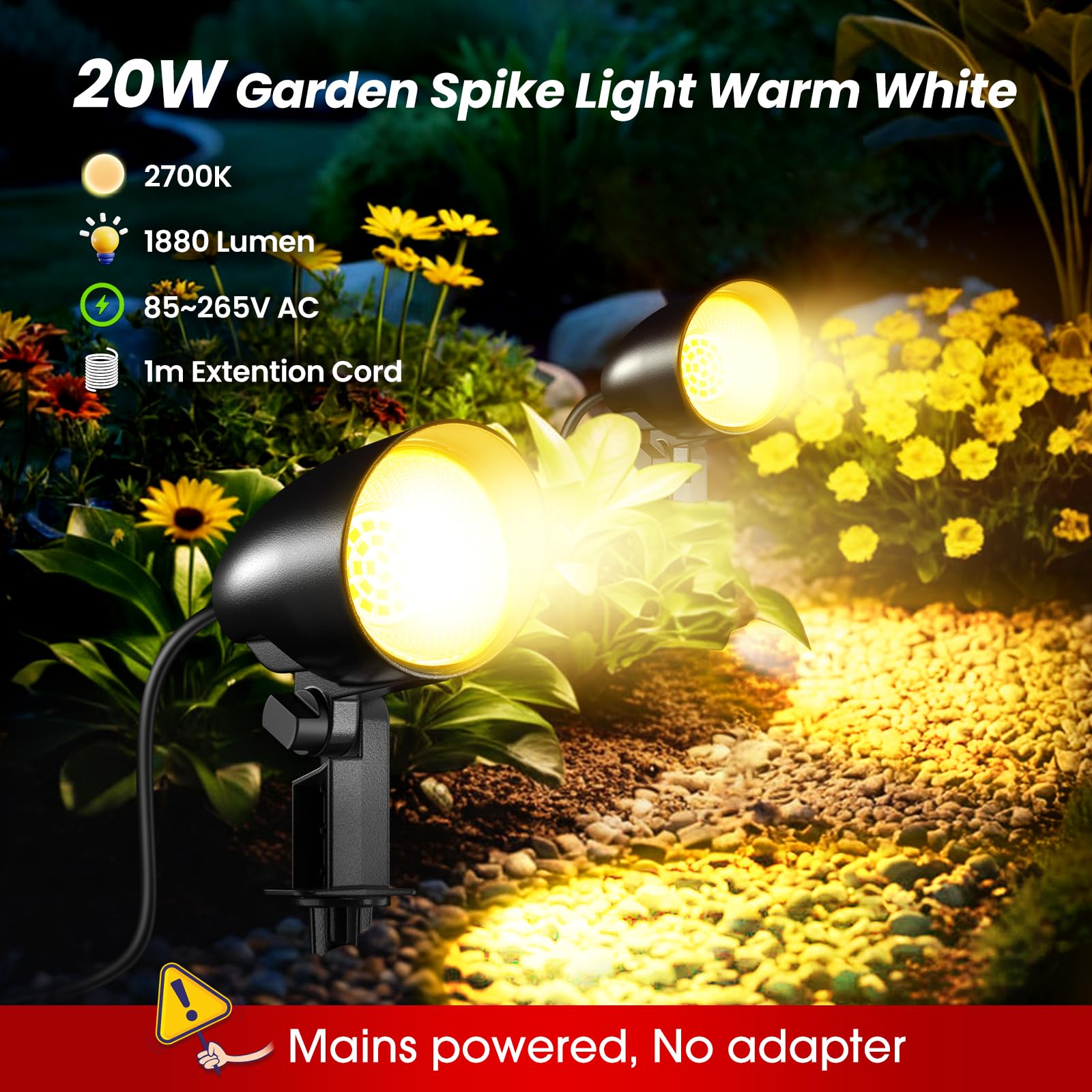 MEIKEE Outdoor Garden Spike Light 20W Warm White 1880LM LED Landscape Spotlights IP66 Waterproof Lawn Light Decorative for Garden Lawn Landscape Patio Yard with 1M Cable - Image 2