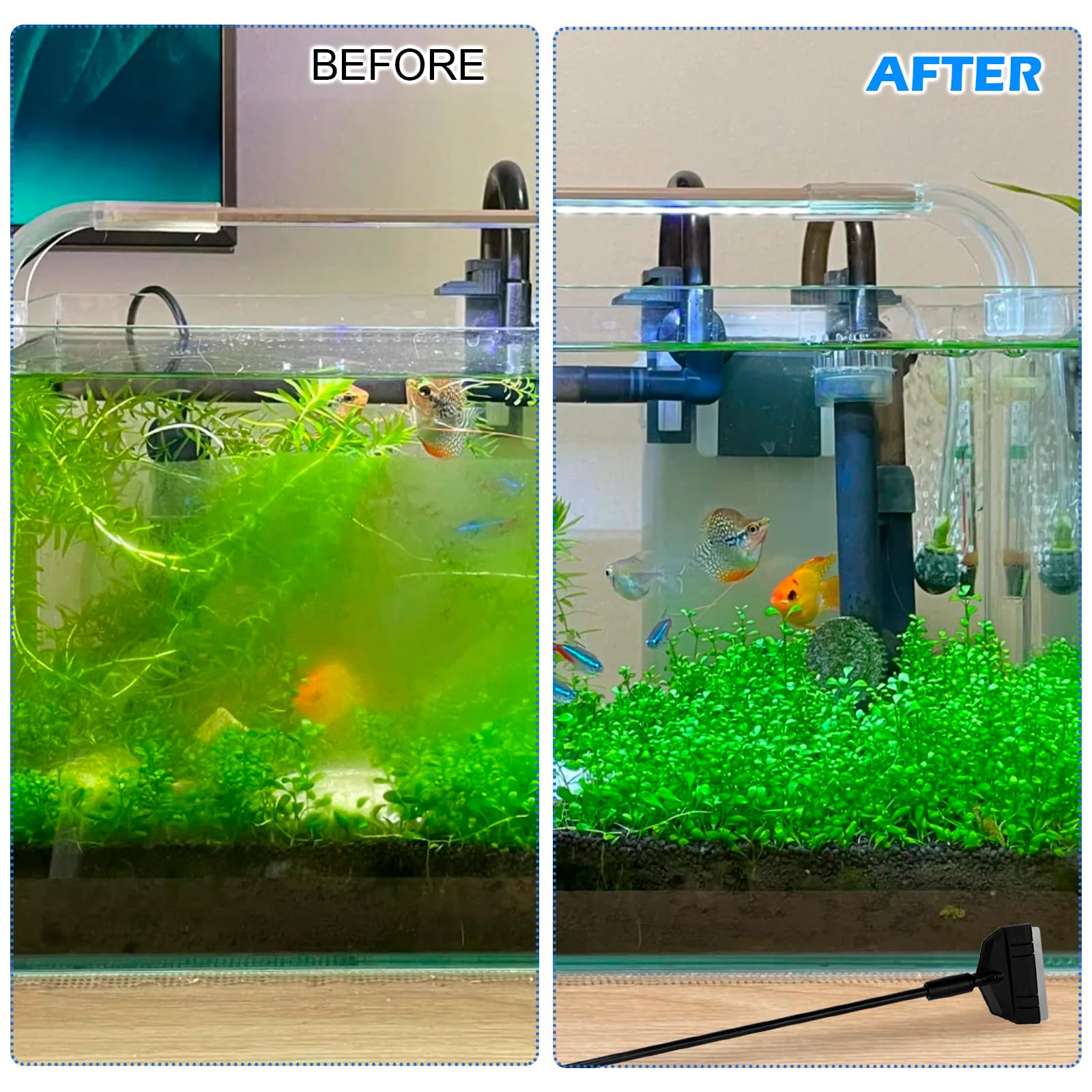 Kit de Nettoyage Aquarium 3-en-1 36 cm, Nettoyeur de Vitres avec Grattoir à Algues, Brosse Triangulaire et Brosse d’Angle, Têtes Interchangeables pour Nano Aquariums