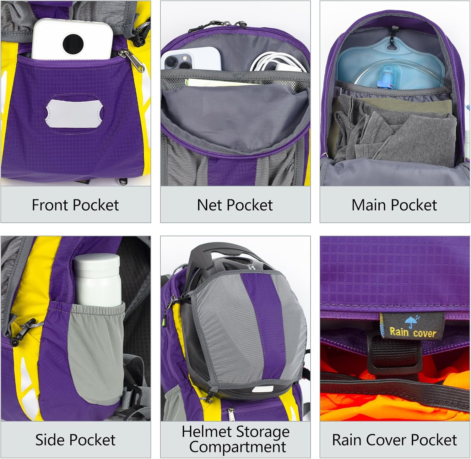 Bike Backpack With Rain-Cover, Mountain Biking Backpacks, Lightweight Packable Daypack Waterproof For Travel, Small Backpack For Bicycle Riding,Hiking,Camping (Purple)