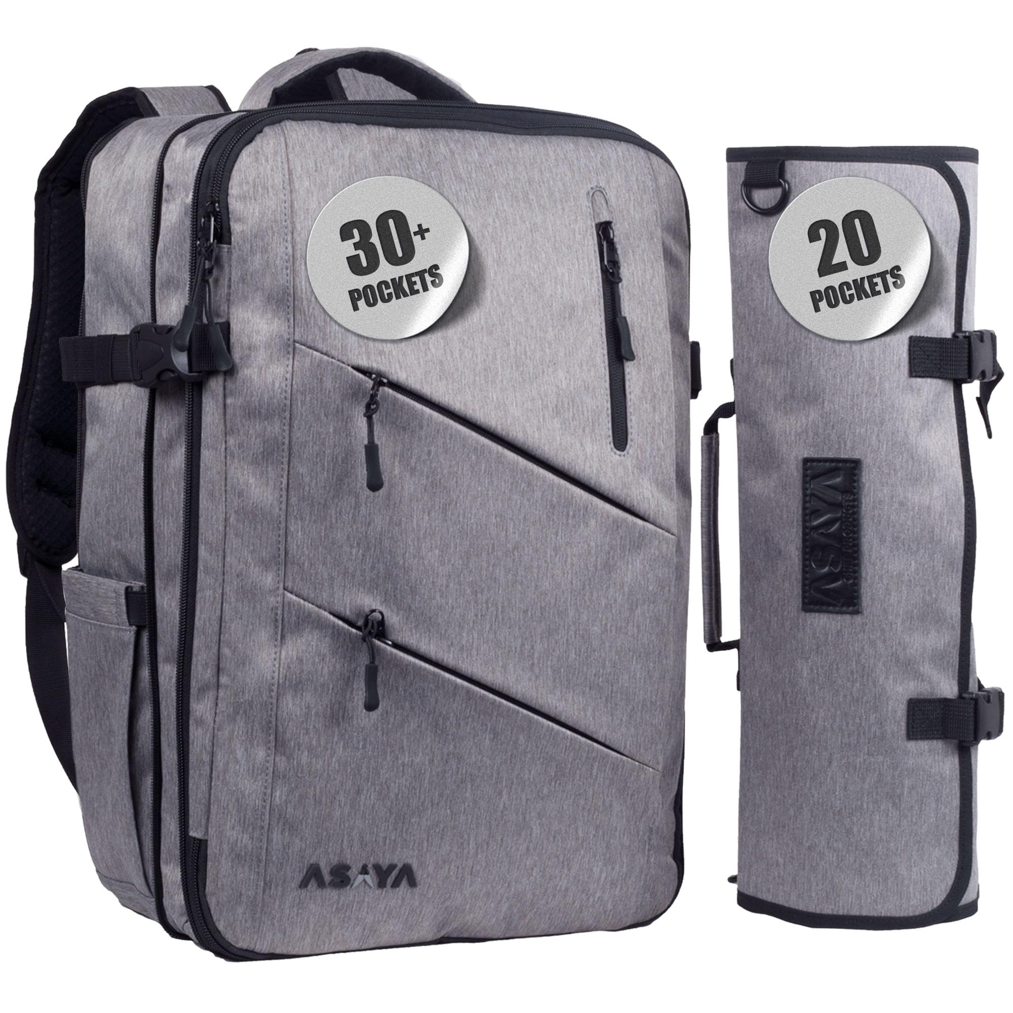 Asaya Chef Knife Backpack with 20 Pocket Knife Roll Bag - Over 30 Pockets for Knives - Knives Not Included (Grey)