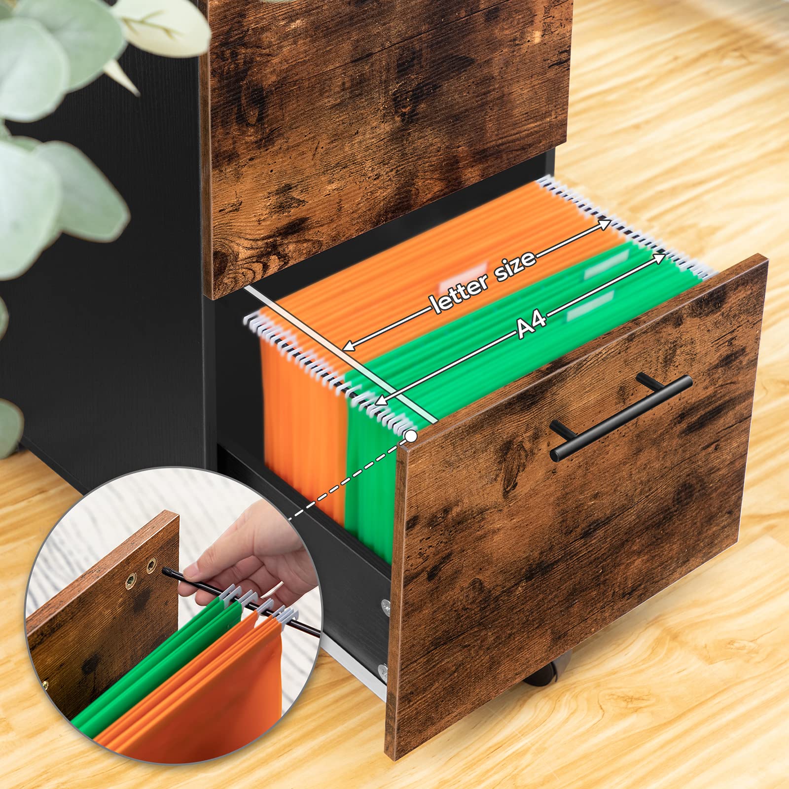 HOOBRO Caisson de Bureau 2 tiroirs, Meuble de Rangement Mobile, Placard de Rangement pour Dossier, avec 5 roulettes, Stable, pour Documents et Dossier Suspendu, Industriel, Marron Rustique EBF03WJ01G1