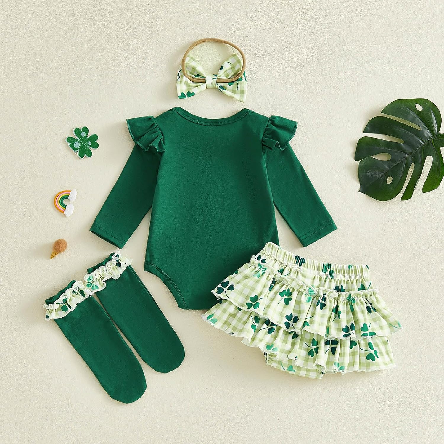 St. Patrick's Day Baby Girl Outfit Shamrock Letter Print Romper Dress Skirt Headband Sets 4pcs Infant Irish Clothes