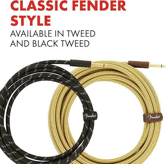 Fender Deluxe Series Guitar Instrument Cable, 3 m, Straight/Flat, Tweed