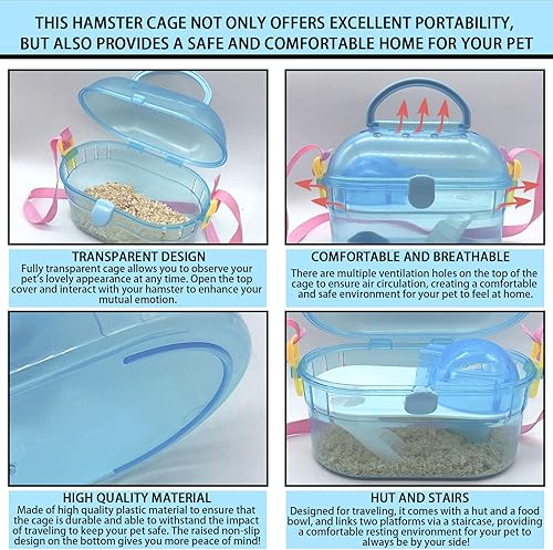 Miniatura 3 de Jaula portátil para hámster sirio, jaula de viaje con botella de agua, tazón de comida, correa ajustable, jaulas salientes para animales pequeños,