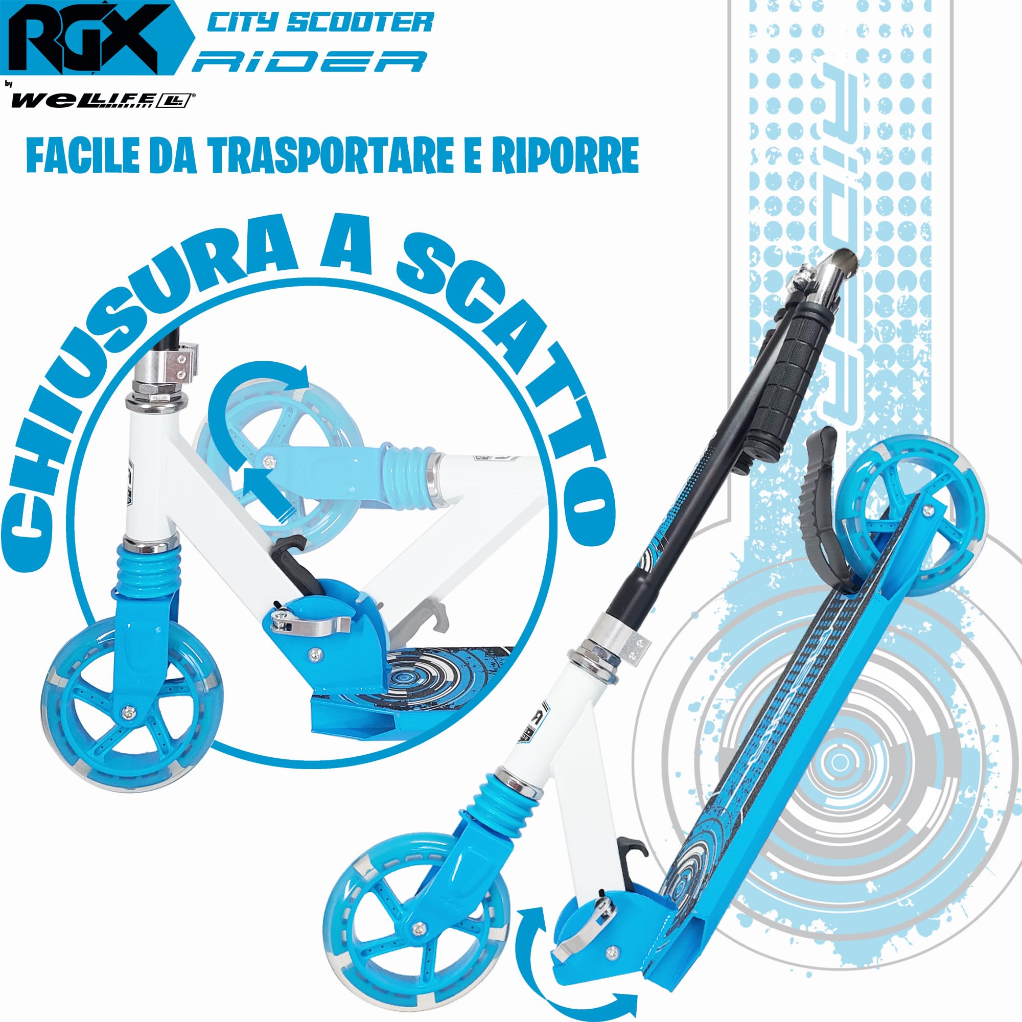 WeLLIFE Rider Monopattino Pieghevole per Bambini e Ragazzi, Urban Scooter in Alluminio con Ruote LED da 145 mm, Manubrio Regolabile in 3 Altezze, Freno a Pedale, fino a 100 kg