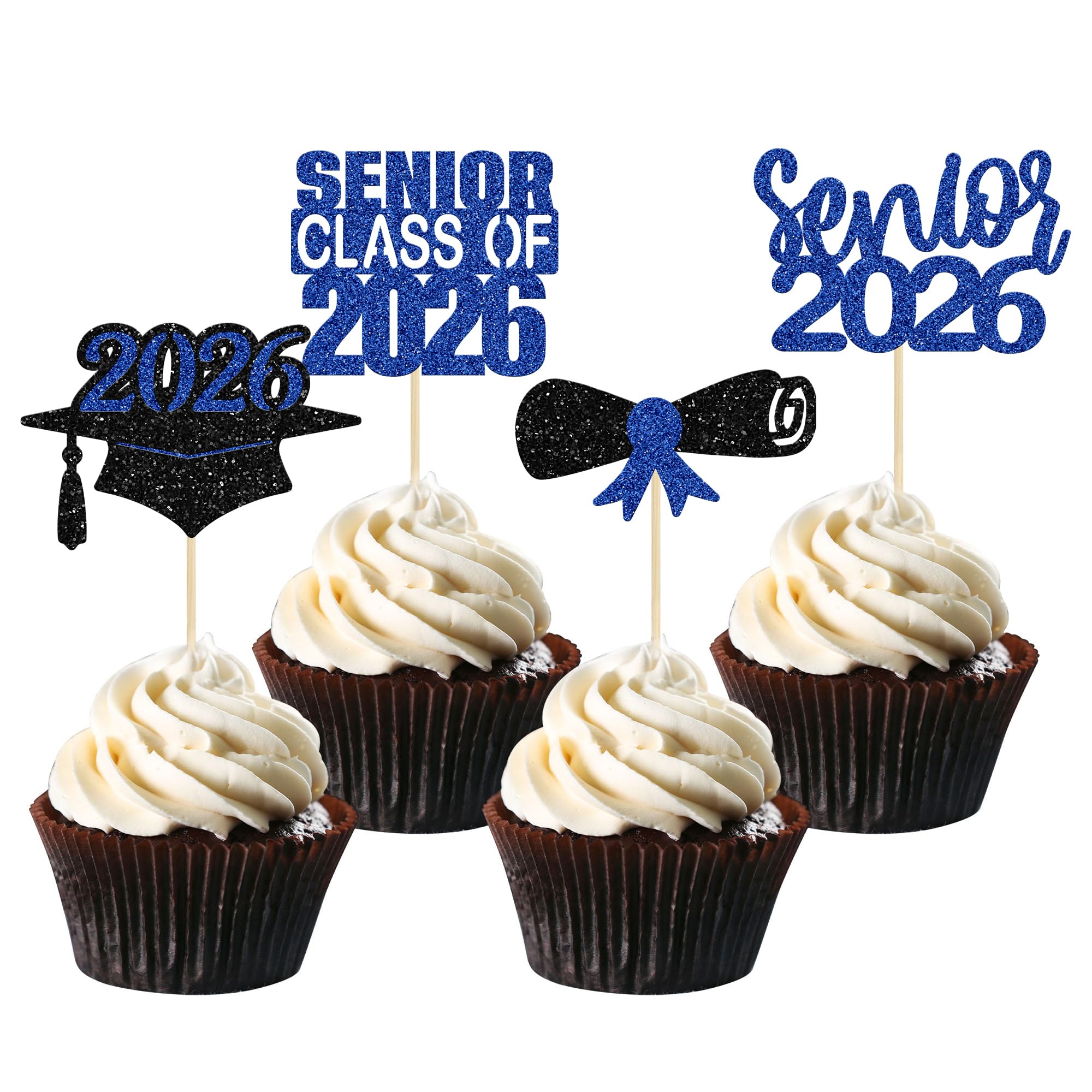 Gyufise 24Pcs 2026 Graduation Cupcake Toppers Blue Glitter Senior Class of 2026 Cake Toppers Cap Diploma Cupcake Picks 2026 Graduation Theme Party Cake Decorations Supplies