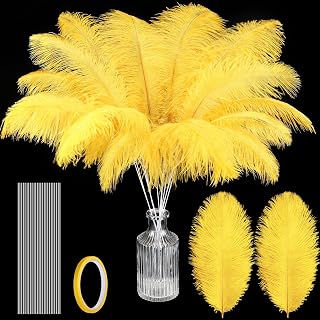 Lyrow 25 Pcs Golden Ostrich Feathers Bulk Plumes 10-12 Inch (25-30 cm) Include 12 Pcs Natural Feathers for Vase 12 Stick and Tape for DIY Crafts Wedding Masquerade Party Centerpiece Decoration