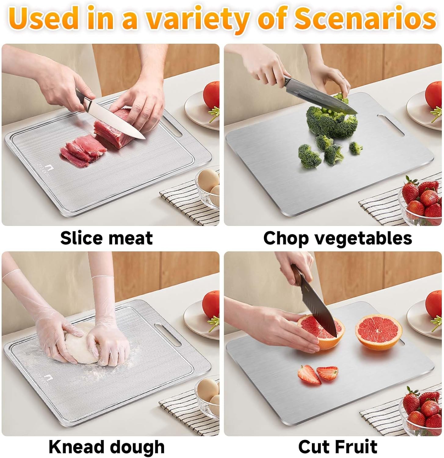 3Pcs 100% Pure Titanium Cutting Board with Groove, Scratch Resistant Chopping Board with Non-slip Pad for Kitchen, Titanium Cutting Boards for Vegetables and Meat, Dishwasher safe