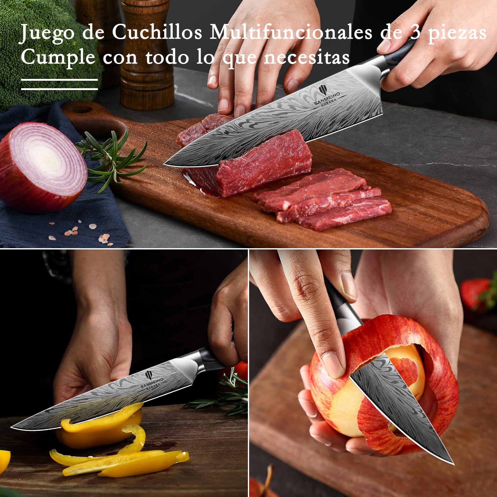 SANMEIHO Set Cuchillos de Cocina Acero en Polvo 3 Piezas, Cuchillos de Chef | Juego de Cuchillos Cocina Ultra Afilados con Cuchillo Multiusos y Puntilla, Mango de Madera Ergonomico para Carne y Fruta