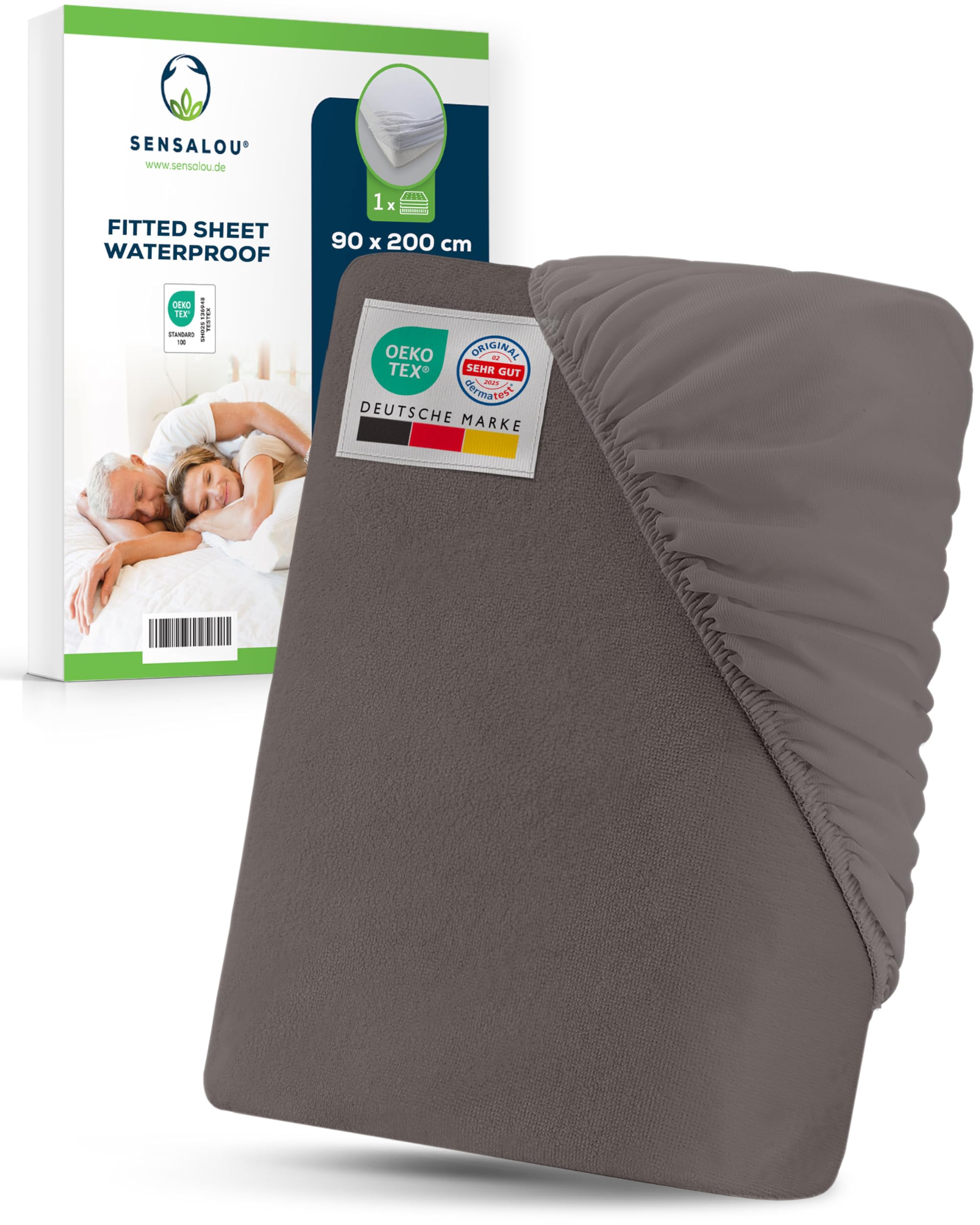 Sensalou Waterproof Fitted Sheet 90 x 200 cm Grey – Waterproof Mattress Protector with Terry Cloth Surface for Single Bed and Adult Mattress – Breathable Silent Mattress Protection Oeko-Tex Dermatest