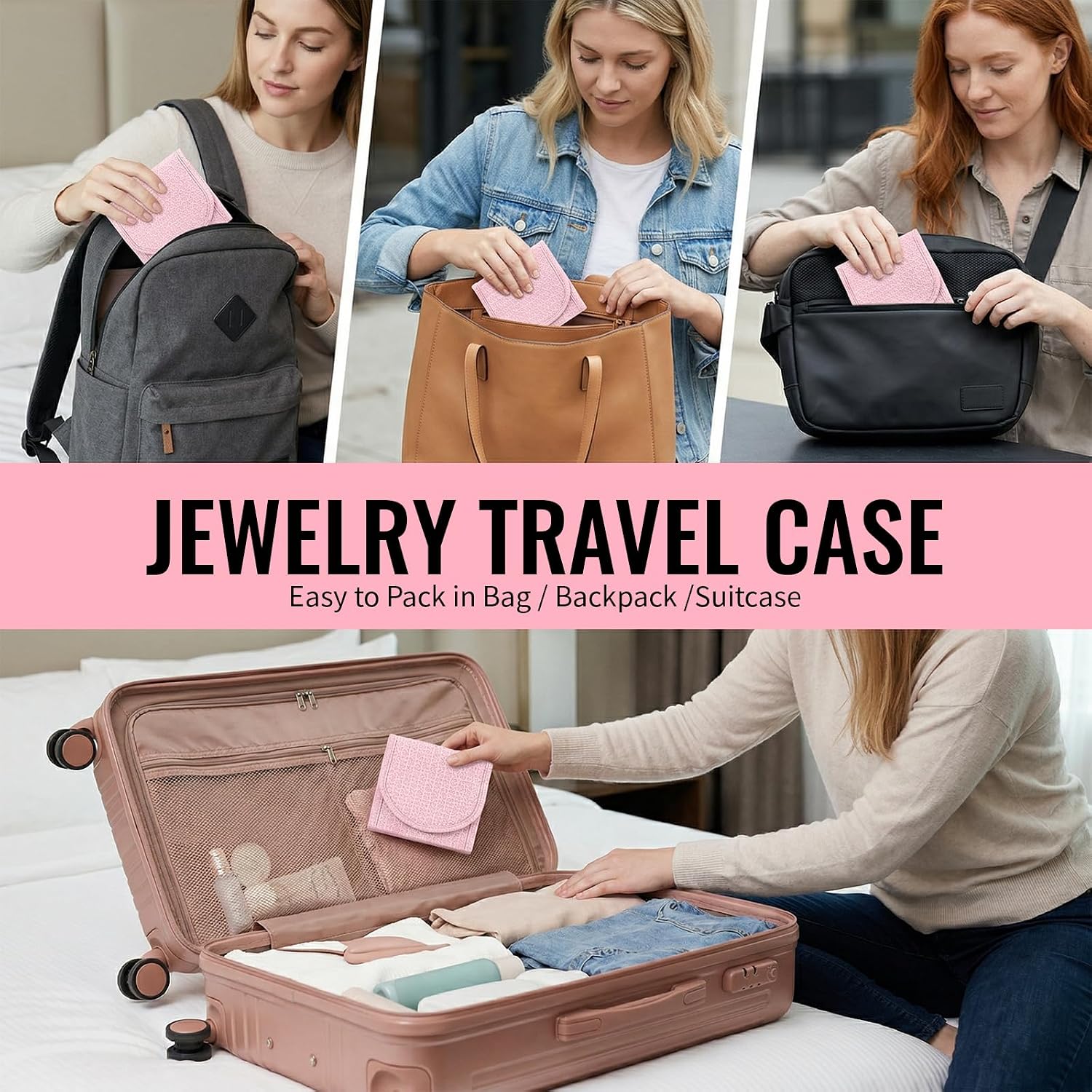 Travel Jewelry Organizer Bag, Foldable Portable Storage Case for Rings Earrings Necklaces Bracelets, Water Resistant Lightweight Pouch with Zipper, Daily Travel Accessory Gift for Women