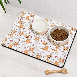 Corgi Dog Food & Water Mat, Pet Feeding Mat for Floor Non-Slip Waterproof, Super Absorbent Cat Bowl Mat, Easy to Clean Eco-Friendly Durable Pet Placemat,16" × 24"